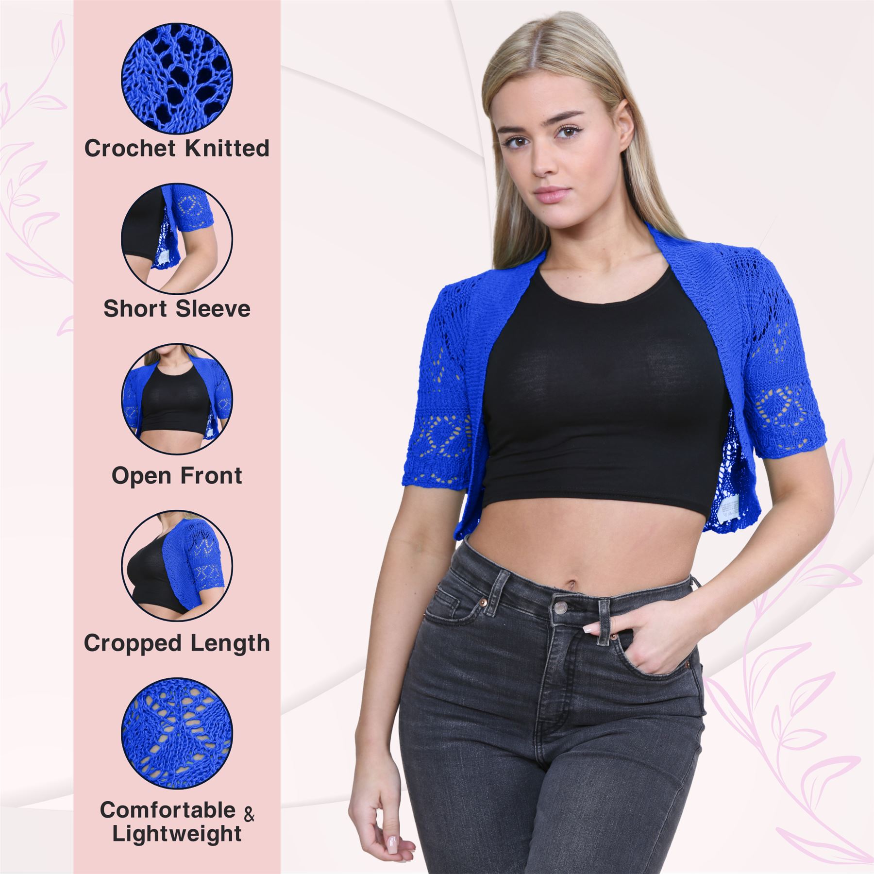Womens Crochet Knitted Bolero Shrug Short Sleeve Open Front Cardigan Crop Top - Picture 136 of 186
