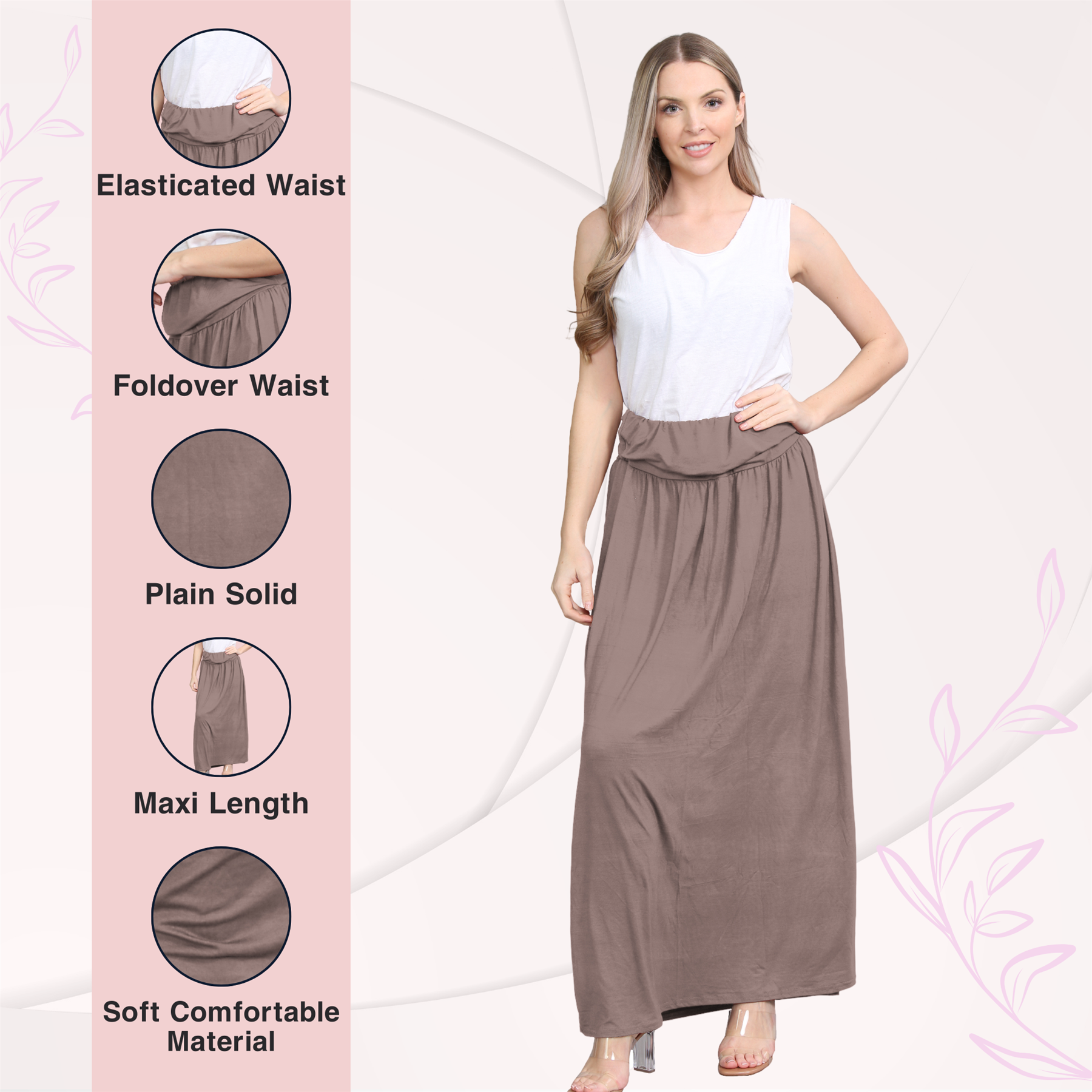 Womens Fold Over Maxi Skirt Plain Pleated Waist Jersey Summer Gypsy Long Skirt - Picture 34 of 68