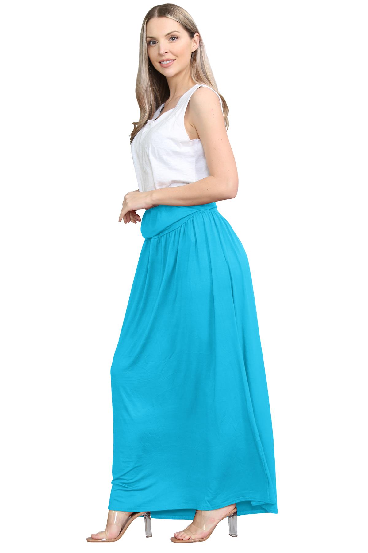 Womens Fold Over Maxi Skirt Plain Pleated Waist Jersey Summer Gypsy Long Skirt - Picture 57 of 68