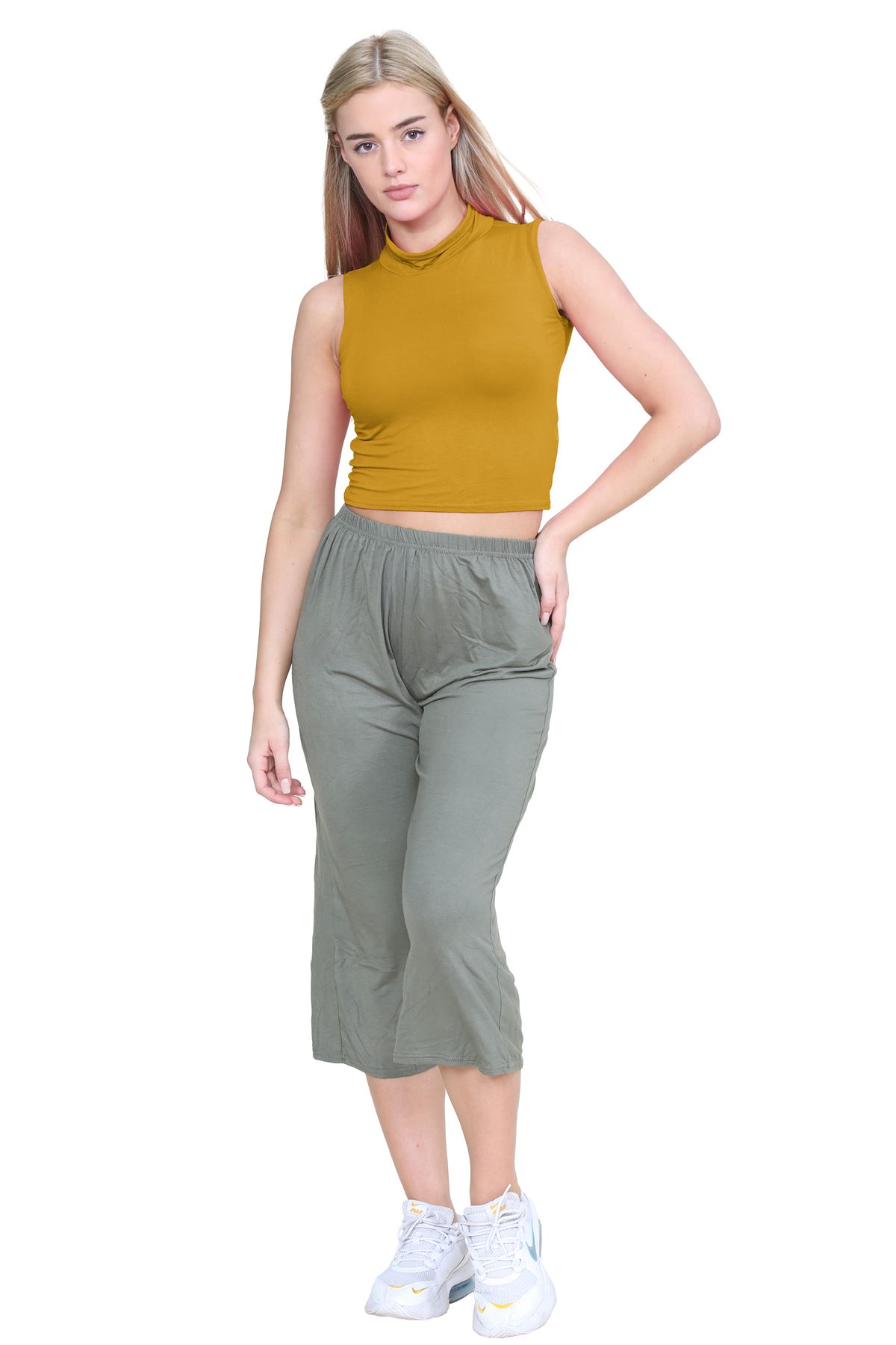 Womens Sleeveless Crop Top Ladies High Turtle Neck Plain Stretchy T-Shirt Vest - Picture 41 of 165