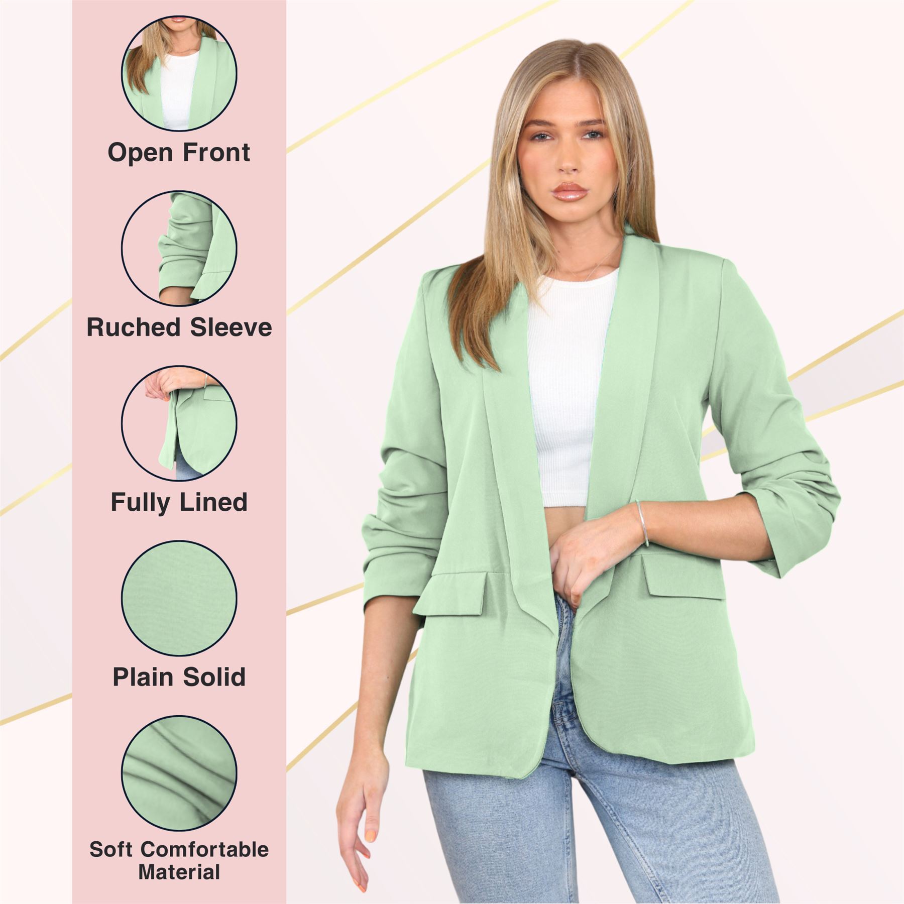 Blazer de manga acanalada para damas totalmente forrado cuello liso informal chaqueta de oficina top - Imagen 42 de 97