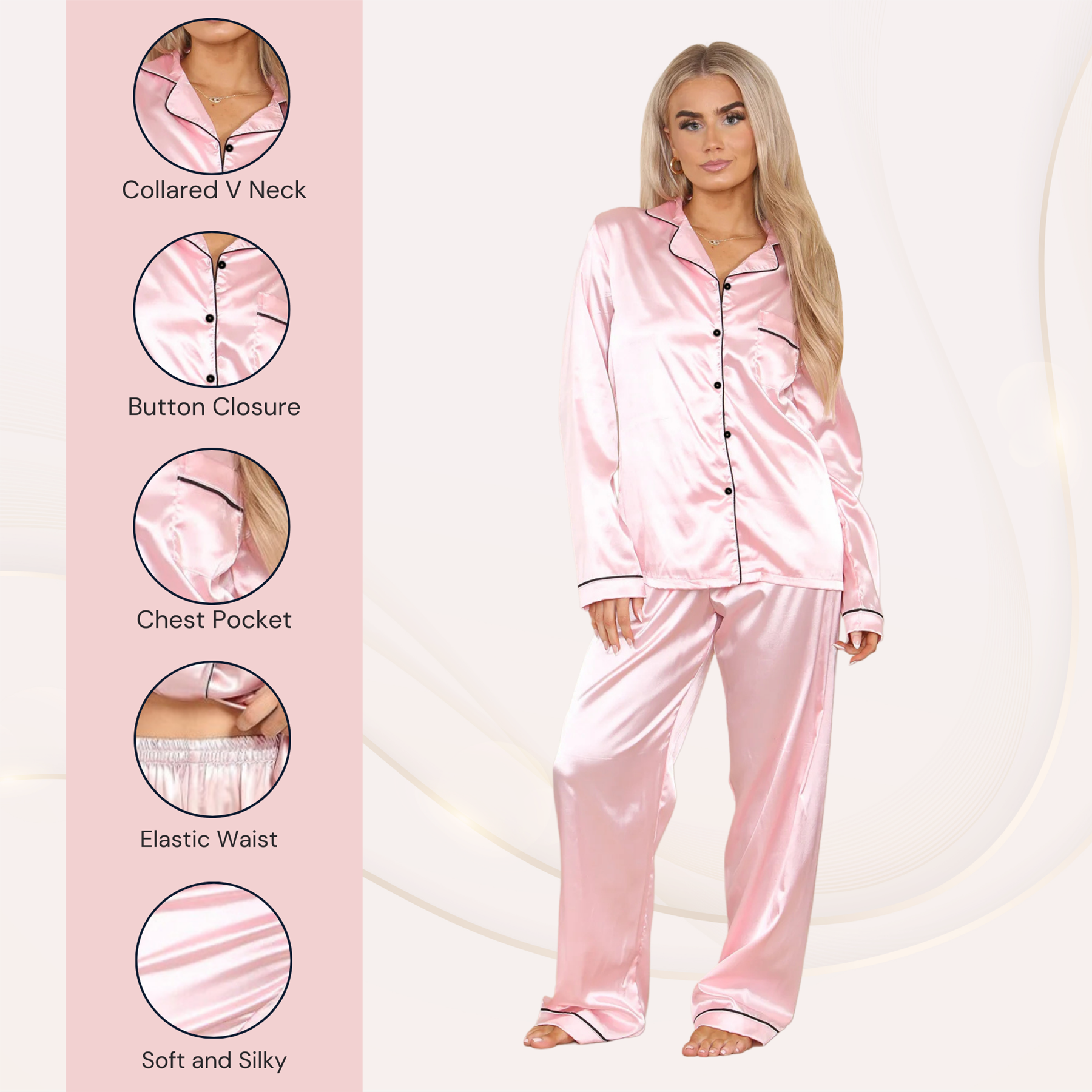 Conjunto de 2 piezas de pijama de satén de manga larga con botones camisa pantalón para damas - Imagen 5 de 43