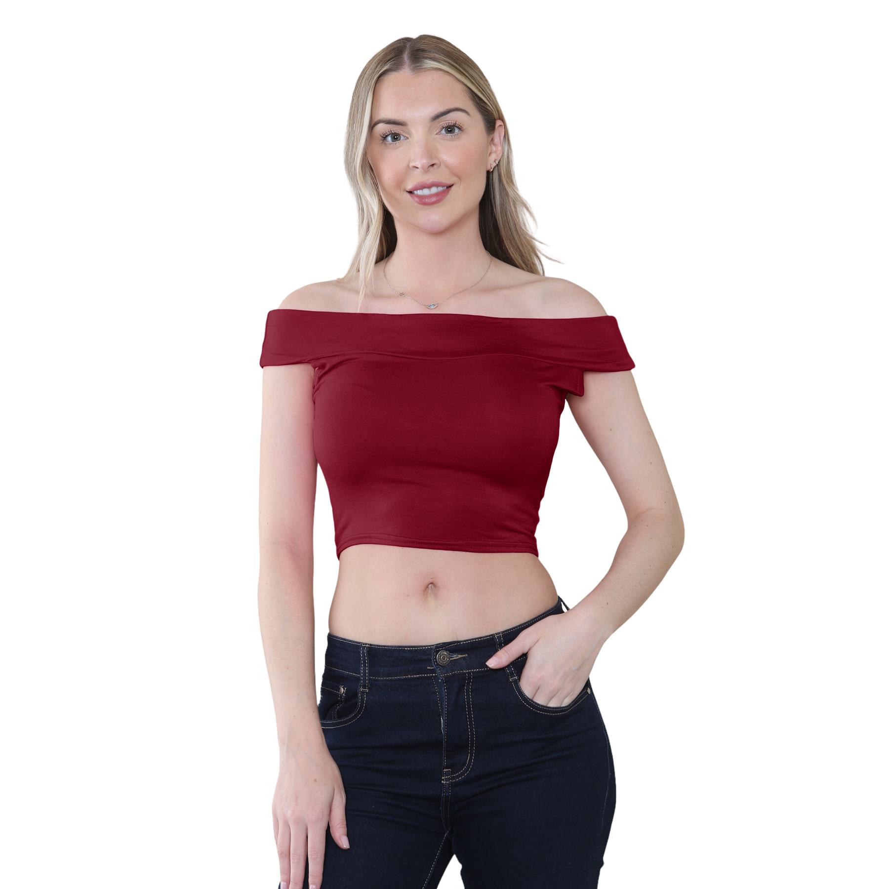 Schulterfreies bauchfreies Damen-T-Shirt Bardot ärmellos schlicht Sommer Freizeit Party - Bild 69 von 71