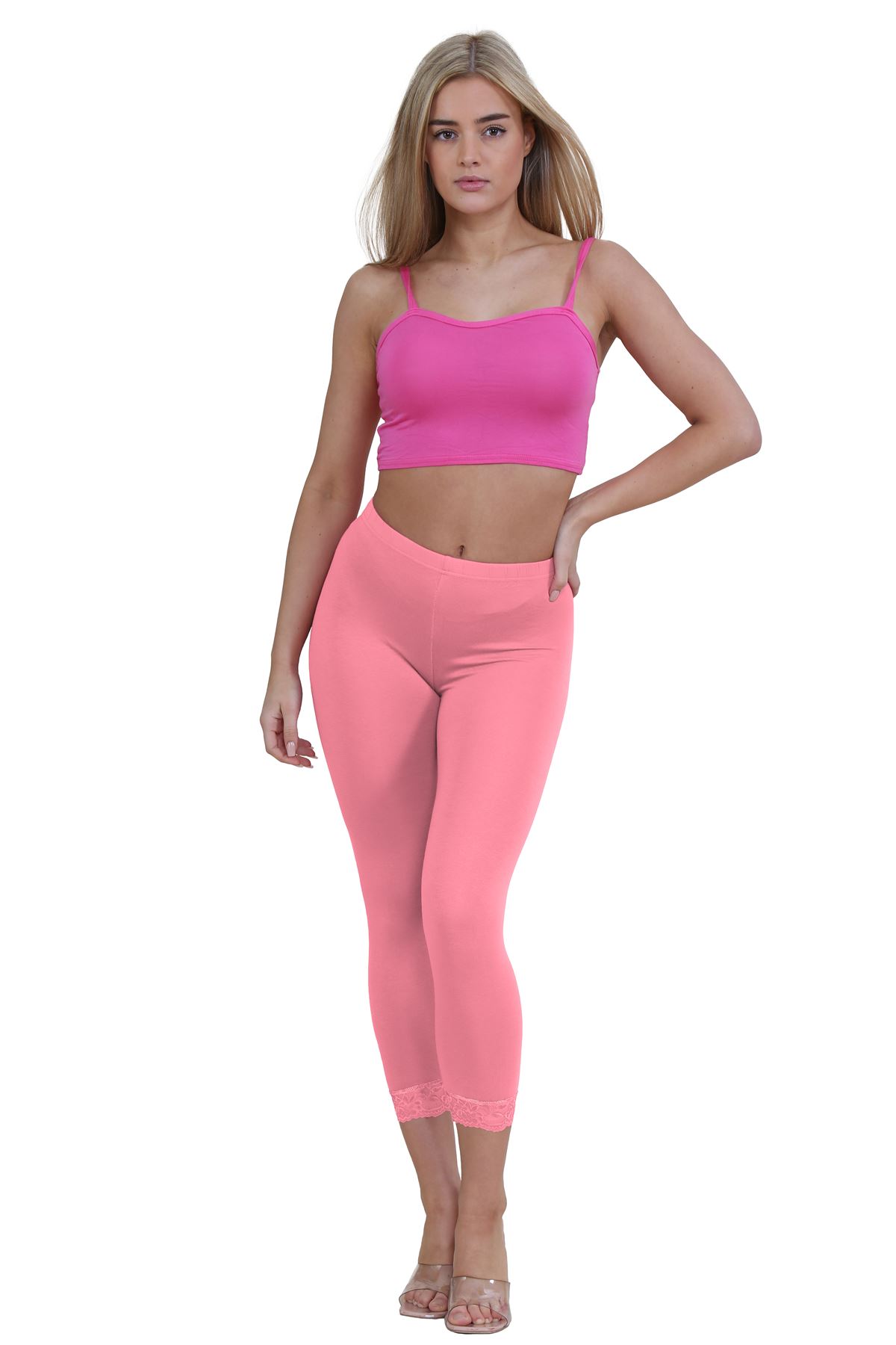 New Ladies Plain Lace Trim Cropped Yoga Stretchy 3/4 Length Capri Leggings Pants - Picture 94 of 132