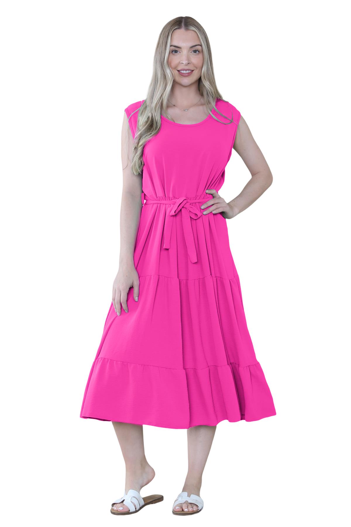 Womens Italian Smock Dress Sleeveless Belted Midi Dress Plain Frill Summer Dress - Picture 23 of 64