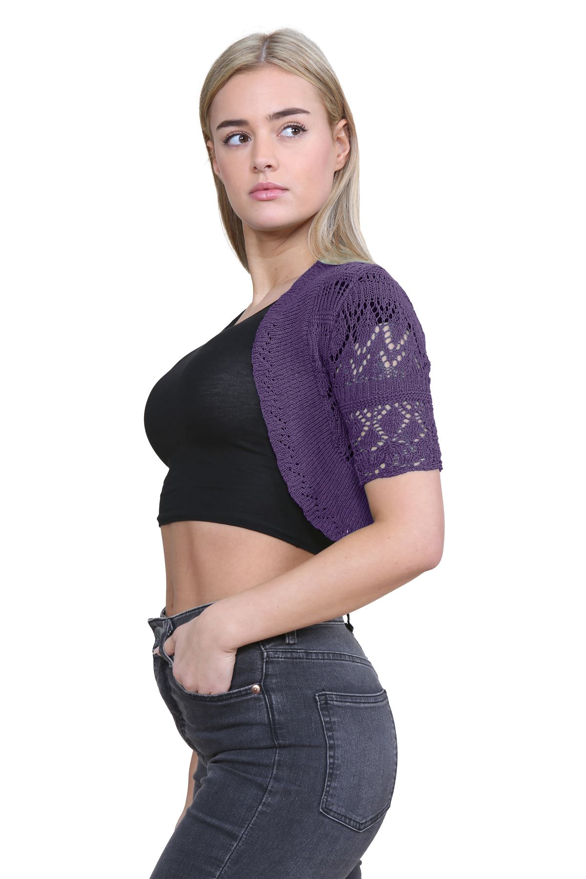 Womens Crochet Knitted Bolero Shrug Short Sleeve Open Front Cardigan Crop Top - Picture 123 of 186