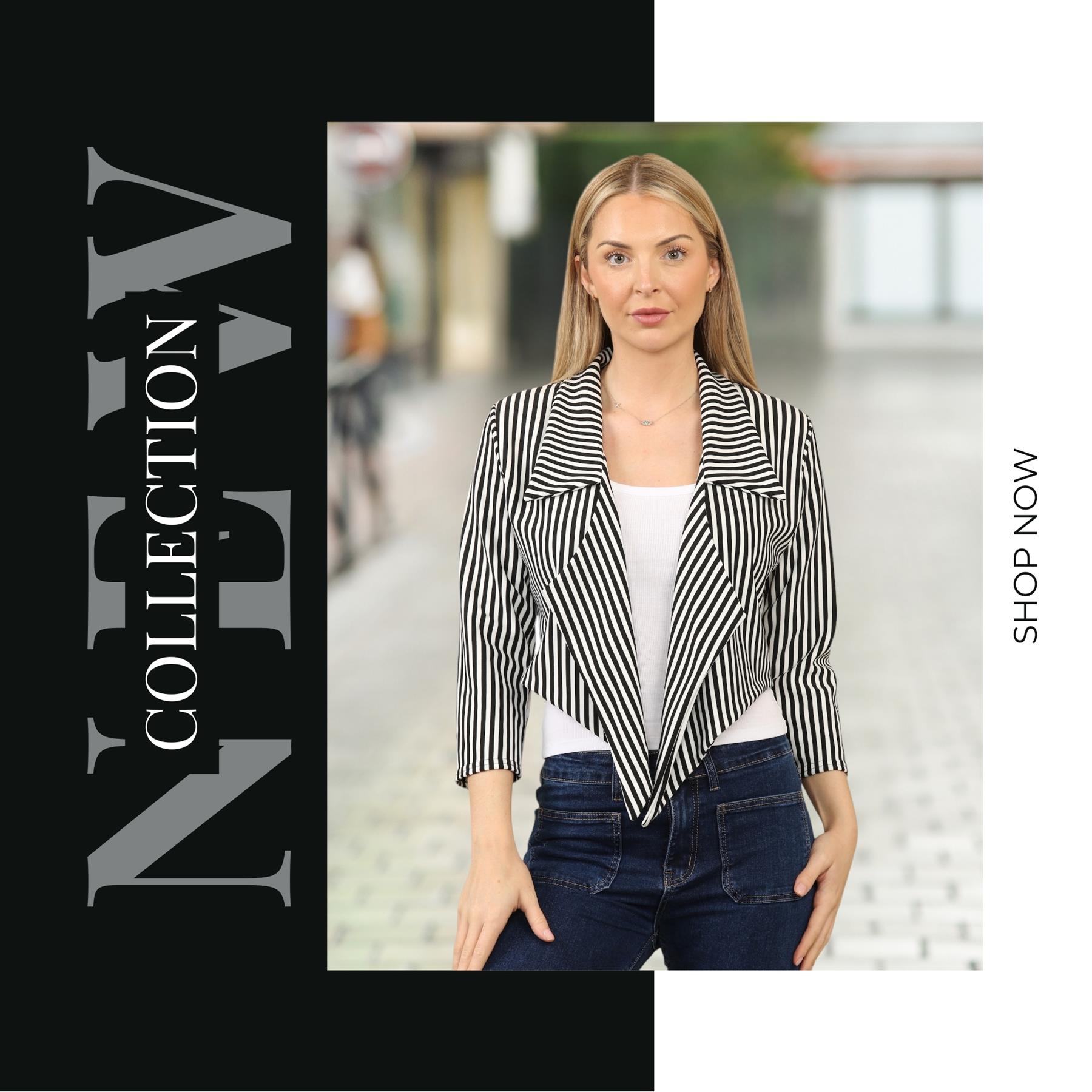 Womens Waterfall Crop Blazer Black White Stripe Print 3/4 Sleeve Open Jacket Top - Picture 8 of 9