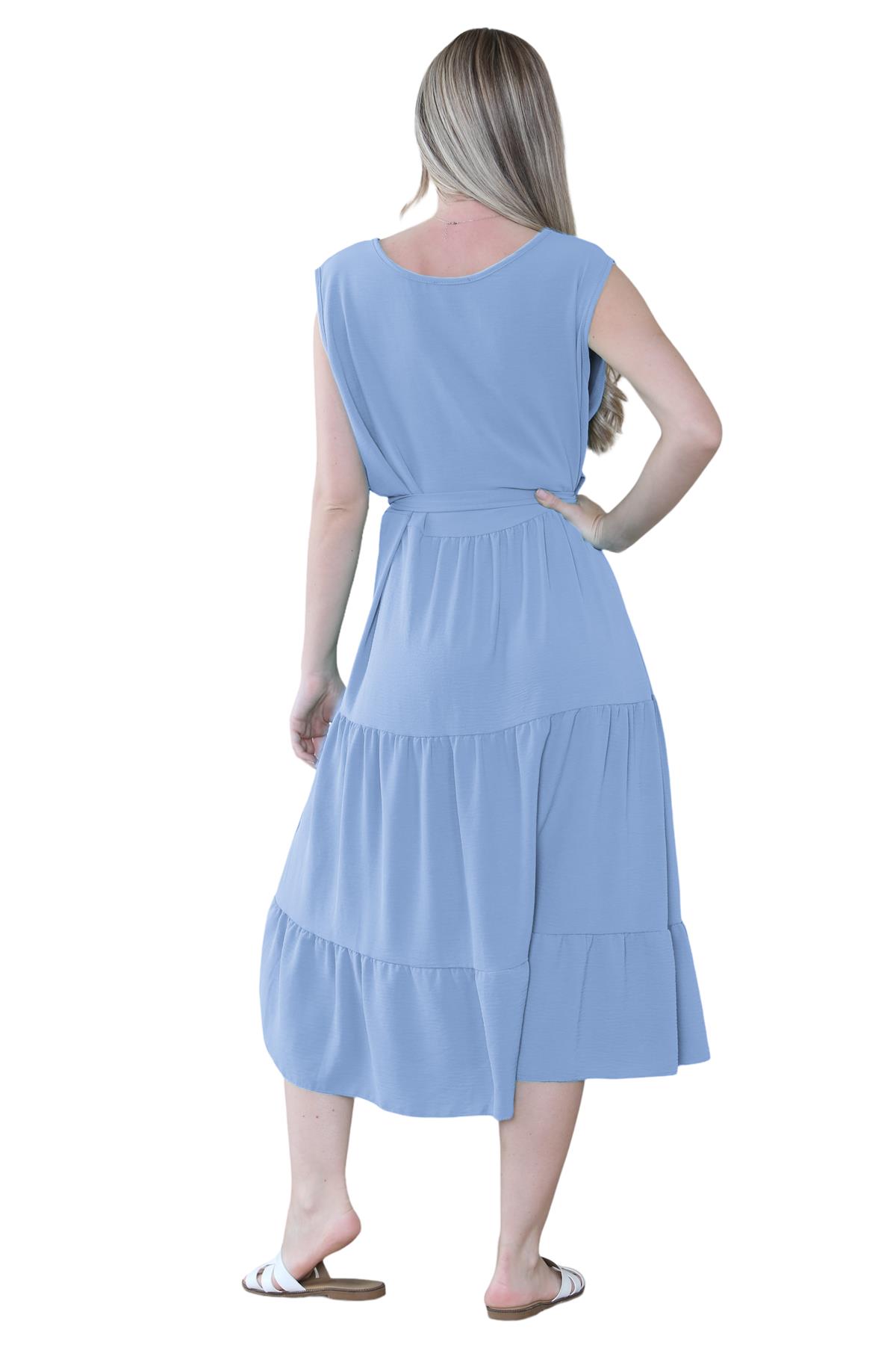 Womens Italian Smock Dress Sleeveless Belted Midi Dress Plain Frill Summer Dress - Picture 37 of 64