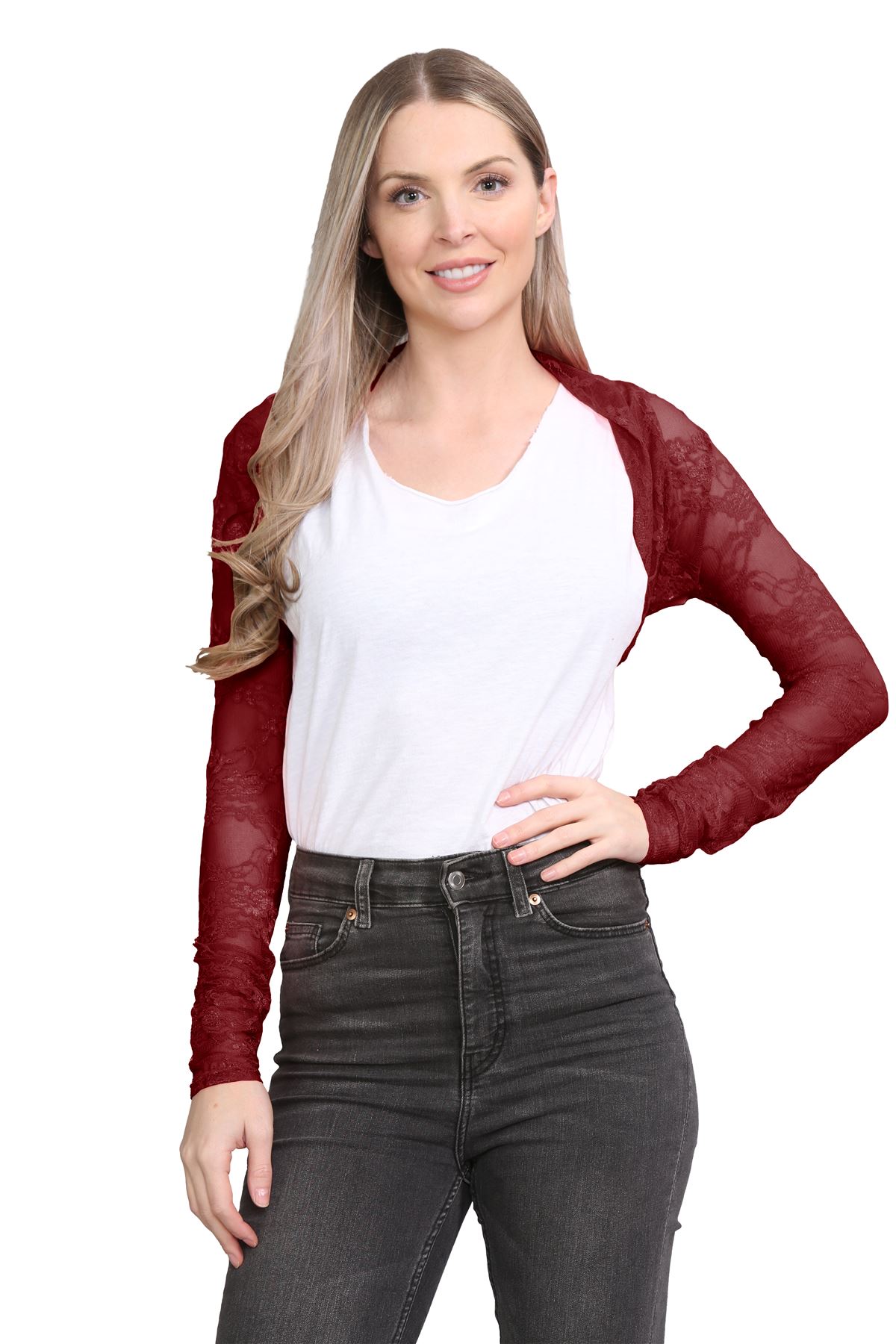 Damen Blumen Spitze Bolero Achselzucken vorne offen lange Ärmel Cropped Cardigan Top - Bild 68 von 79