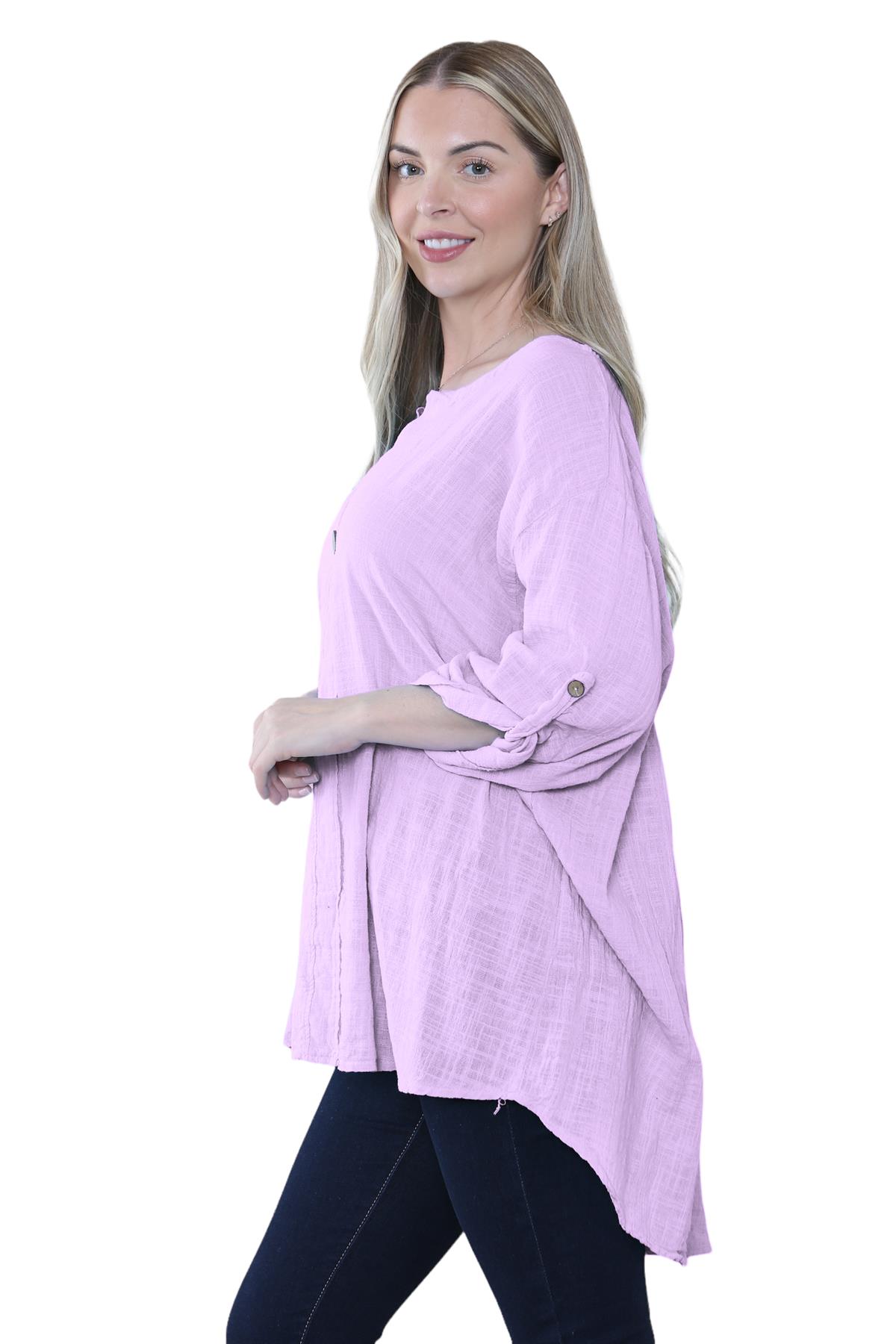 Camiseta informal lisa de lino y algodón con un botón de manga giratoria italiana para dama - Imagen 19 de 63