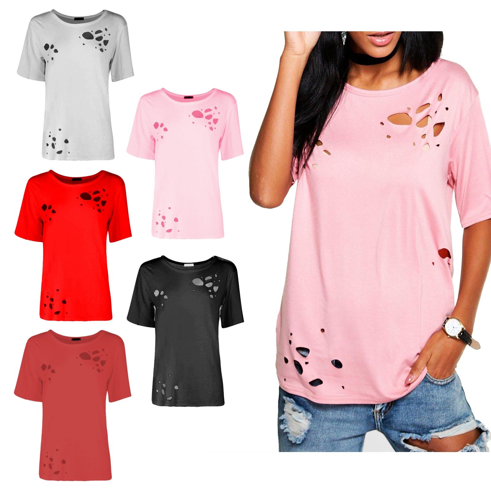 New Womens Distressed Ripped Holes Plain Cap Sleeve Loose Fit Basic T