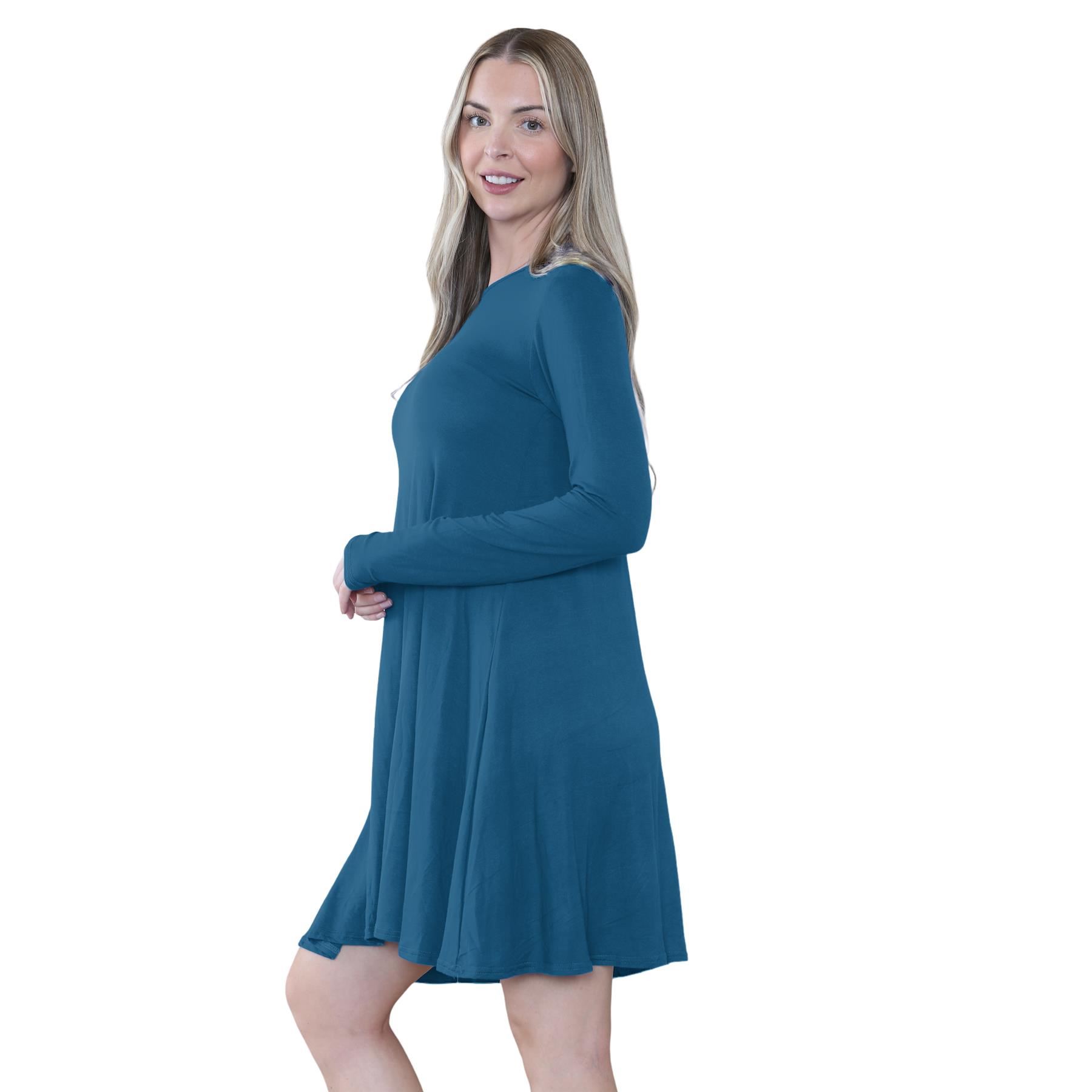 Damen Swing Kleid Uni Langarm Freizeit Ausgestellt A Linie Mini Oberteil Übergröße - Bild 82 von 100