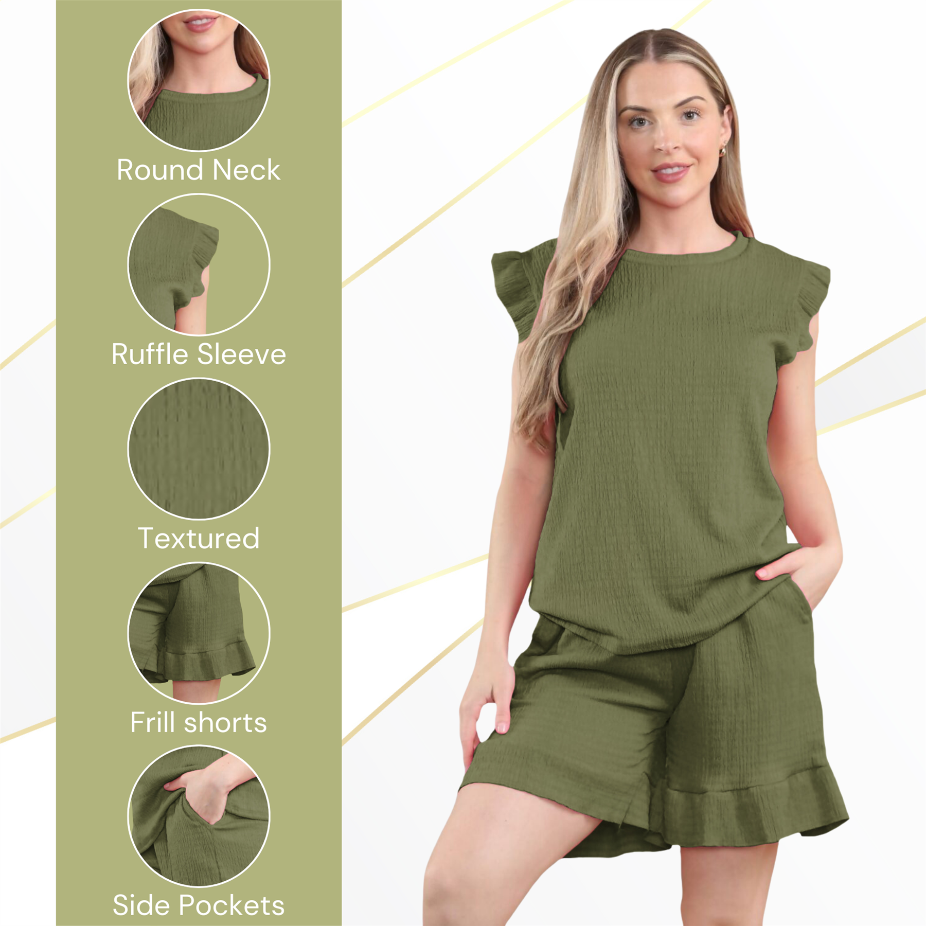 Conjunto corto de 2 piezas italiano para mujer conjunto de ropa de salón de verano con volantes sin mangas - Imagen 29 de 61