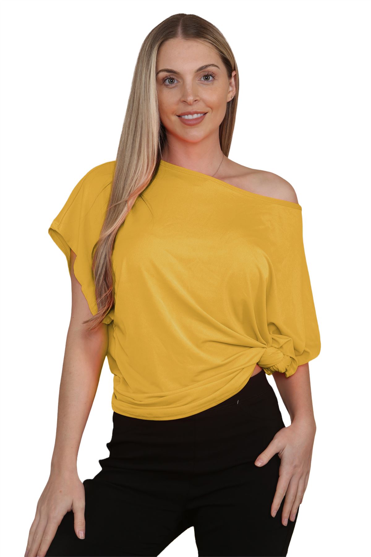 Womens Oversized T Shirt Top Short Sleeve Tie Knot Bardot Off Shoulder Crop Top - Picture 26 of 65