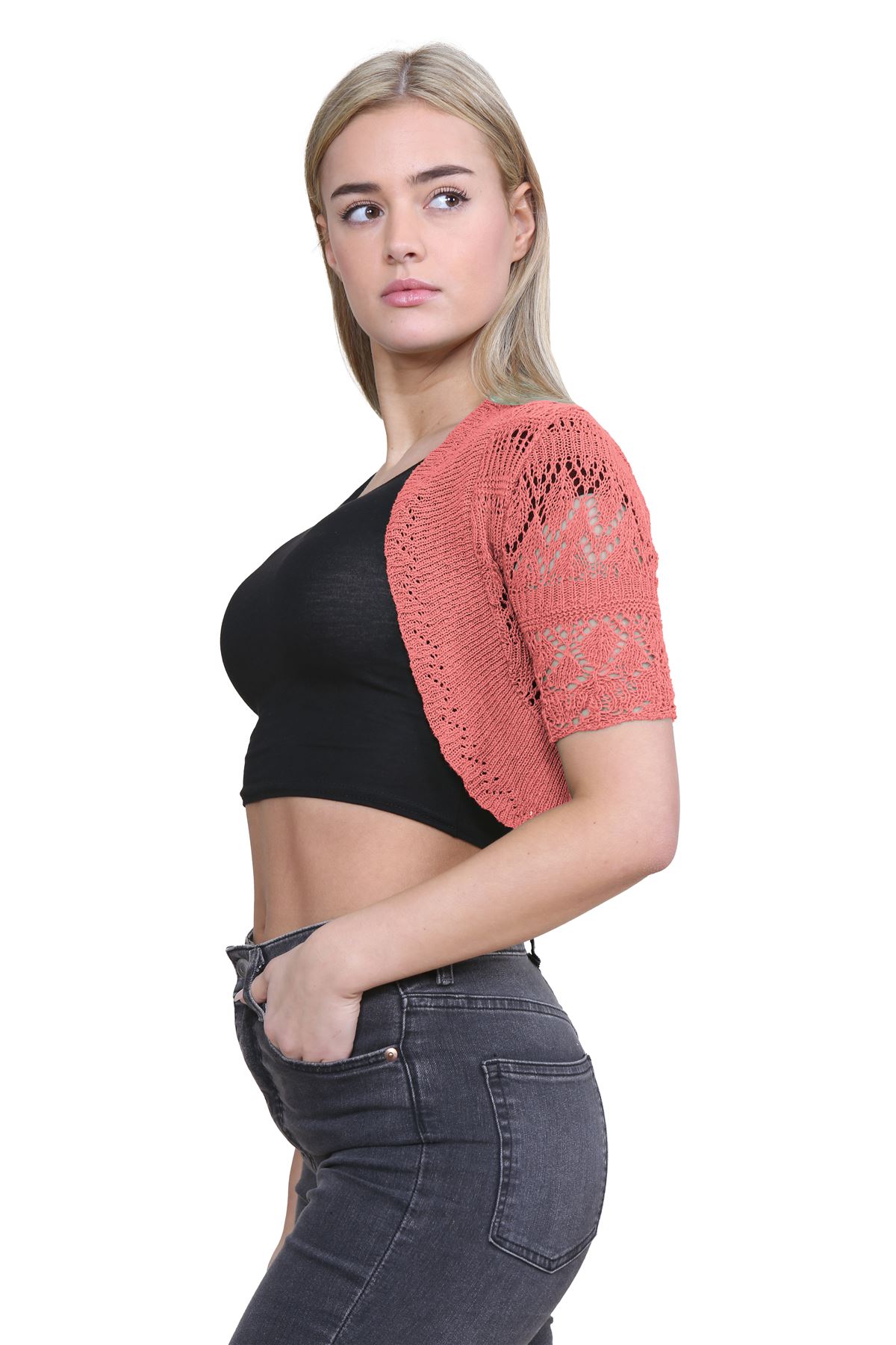 Womens Crochet Knitted Bolero Shrug Short Sleeve Open Front Cardigan Crop Top - Picture 140 of 186