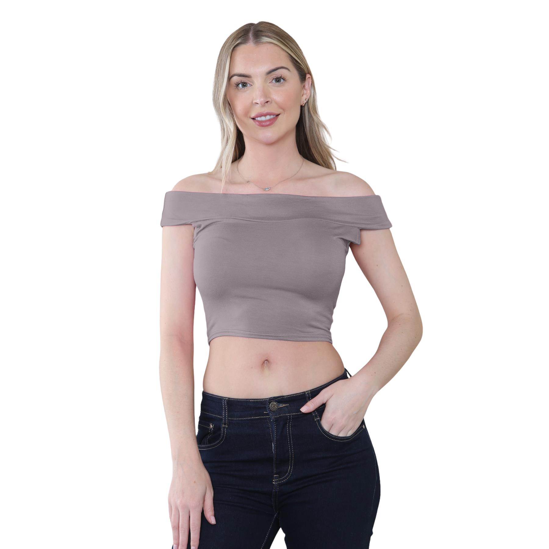 Schulterfreies bauchfreies Damen-T-Shirt Bardot ärmellos schlicht Sommer Freizeit Party - Bild 32 von 71