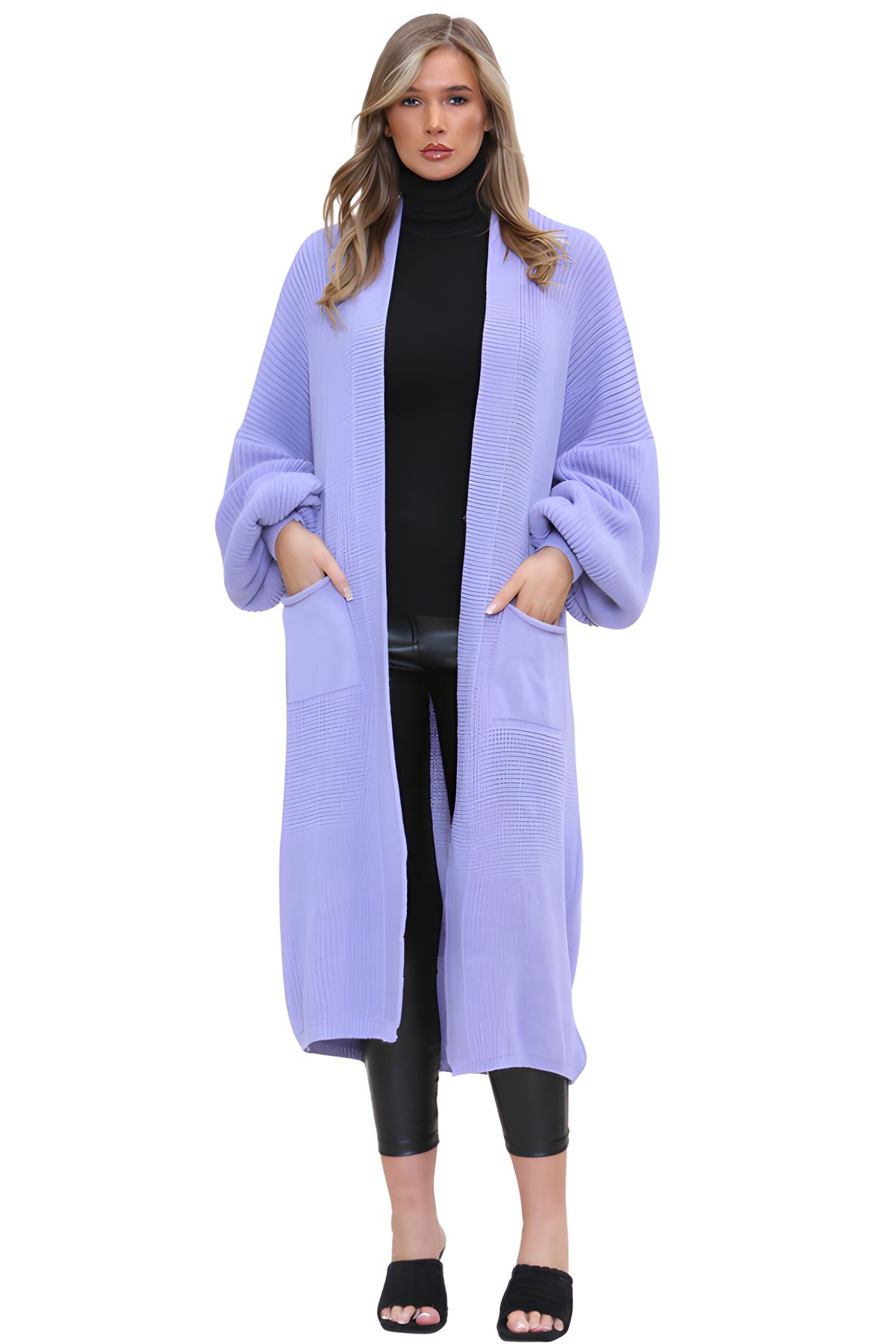 Ballonärmel Maxi Cardigan Damen übergroß gestrickt Winter Longline Pullover - Bild 65 von 134