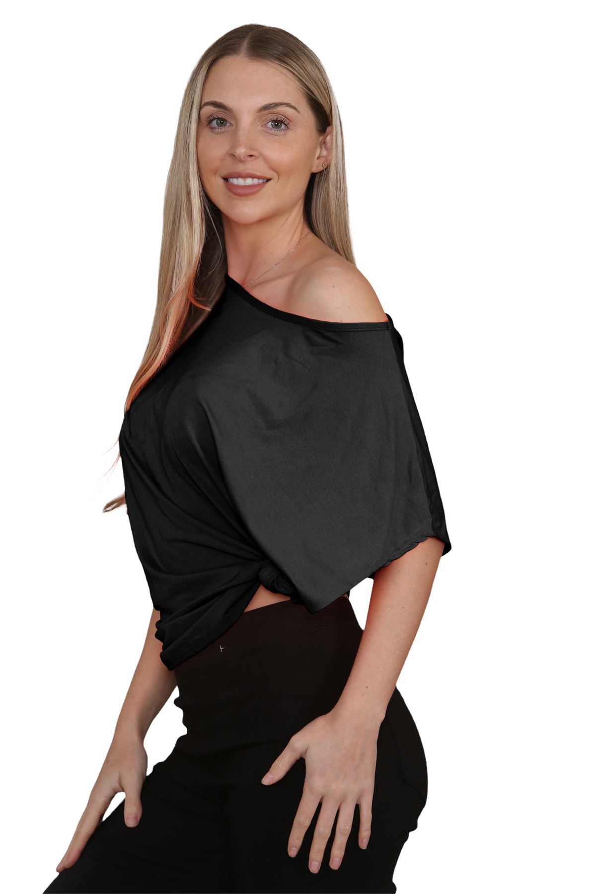 Womens Oversized T Shirt Top Short Sleeve Tie Knot Bardot Off Shoulder Crop Top - Picture 3 of 65