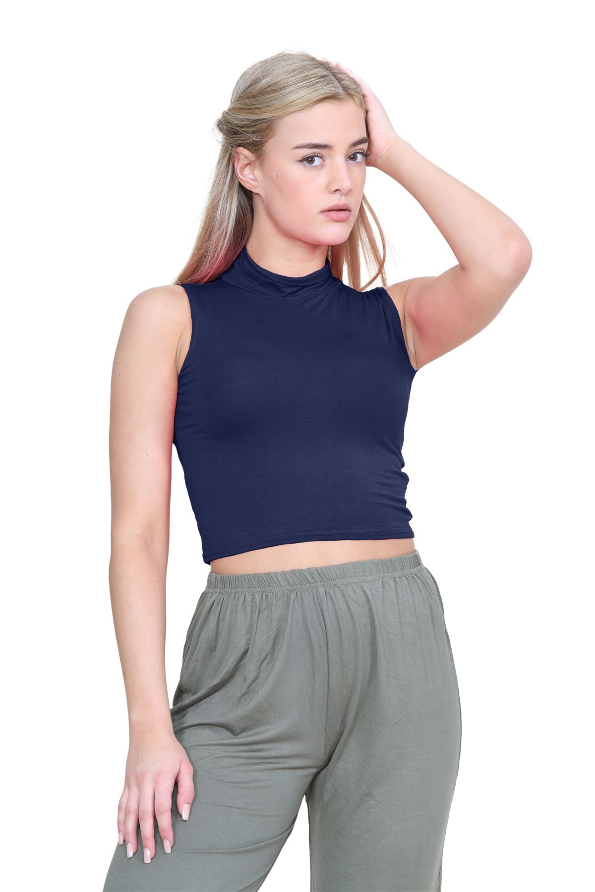 Womens Sleeveless Crop Top Ladies High Turtle Neck Plain Stretchy T-Shirt Vest - Picture 107 of 165