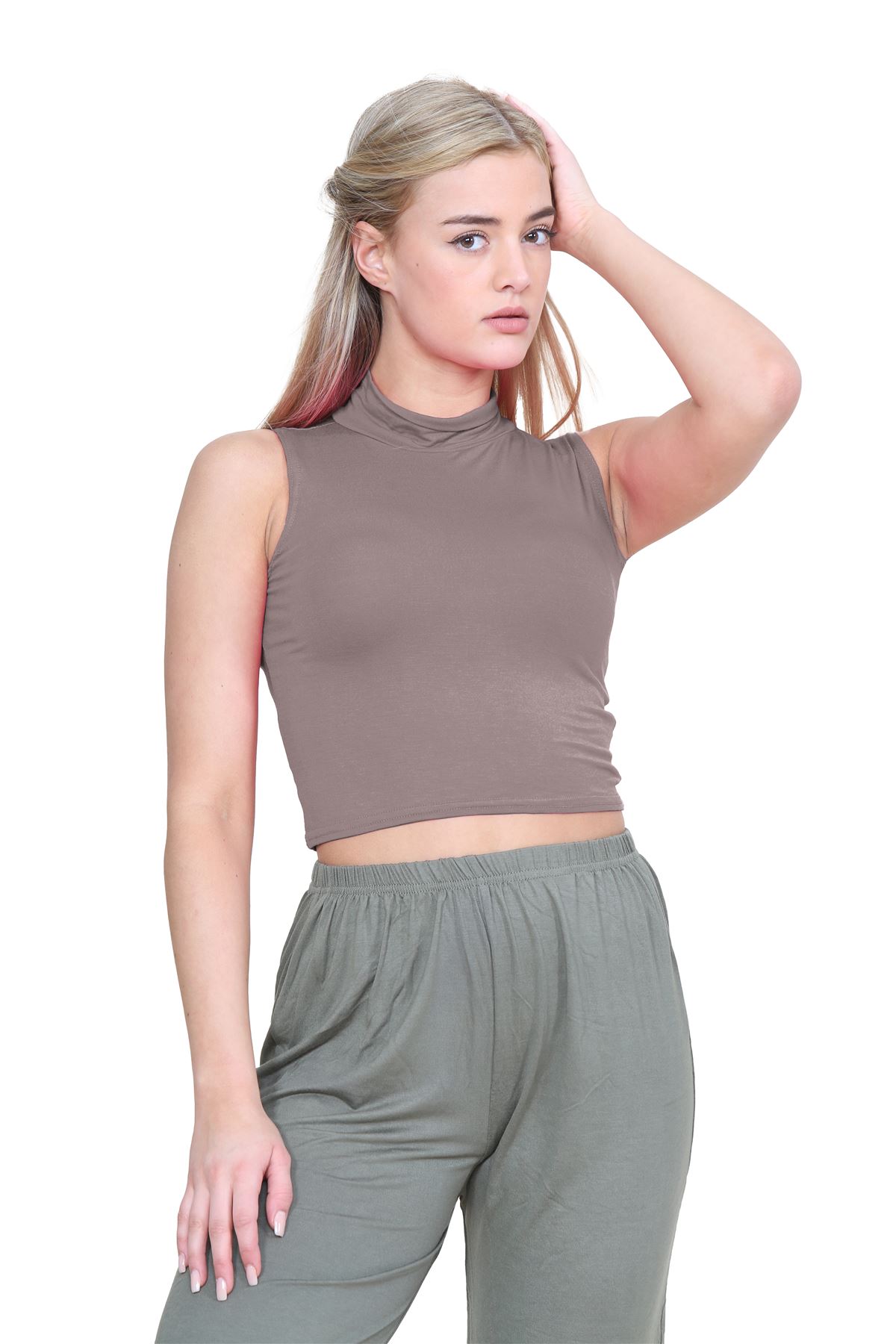 Womens Sleeveless Crop Top Ladies High Turtle Neck Plain Stretchy T-Shirt Vest - Picture 77 of 165