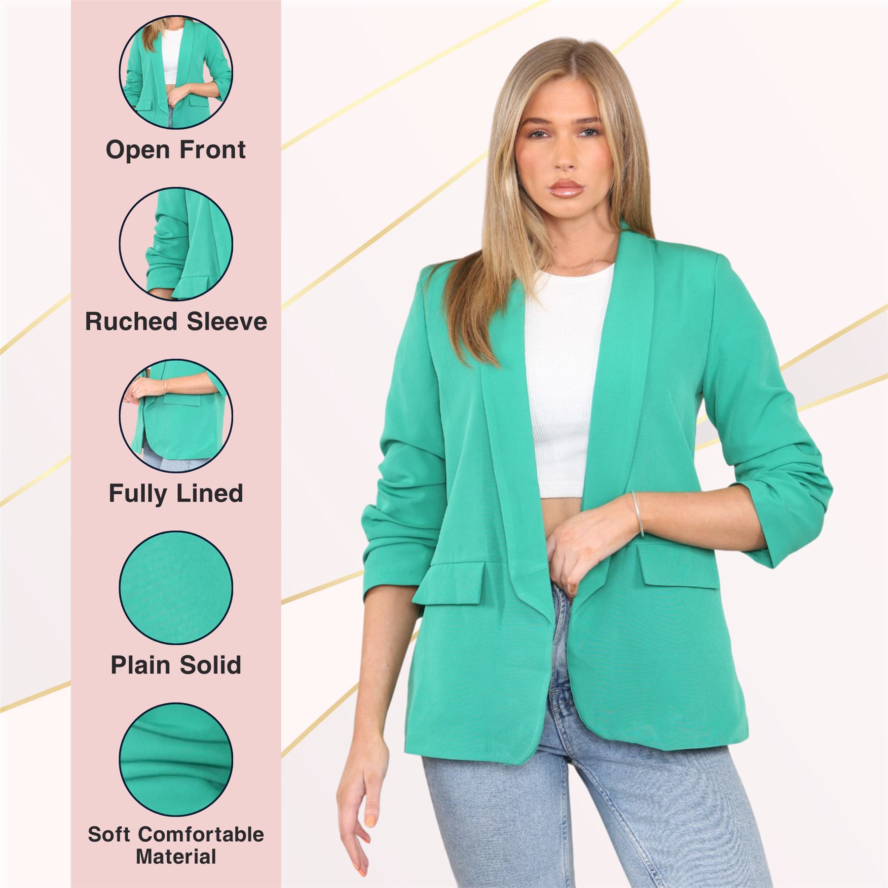 Blazer de manga acanalada para damas totalmente forrado cuello liso informal chaqueta de oficina top - Imagen 28 de 97
