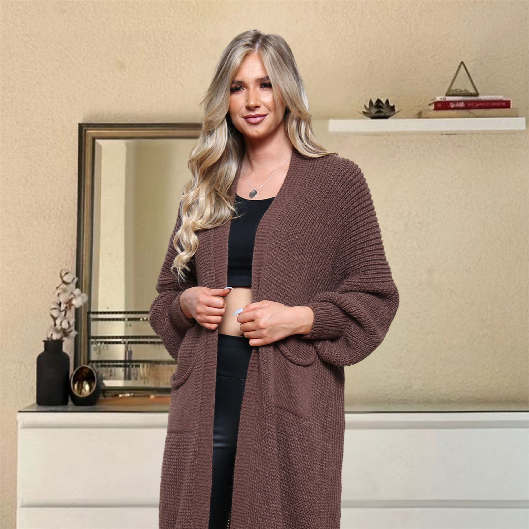 Ballonärmel Maxi Cardigan Damen übergroß gestrickt Winter Longline Pullover - Bild 71 von 134