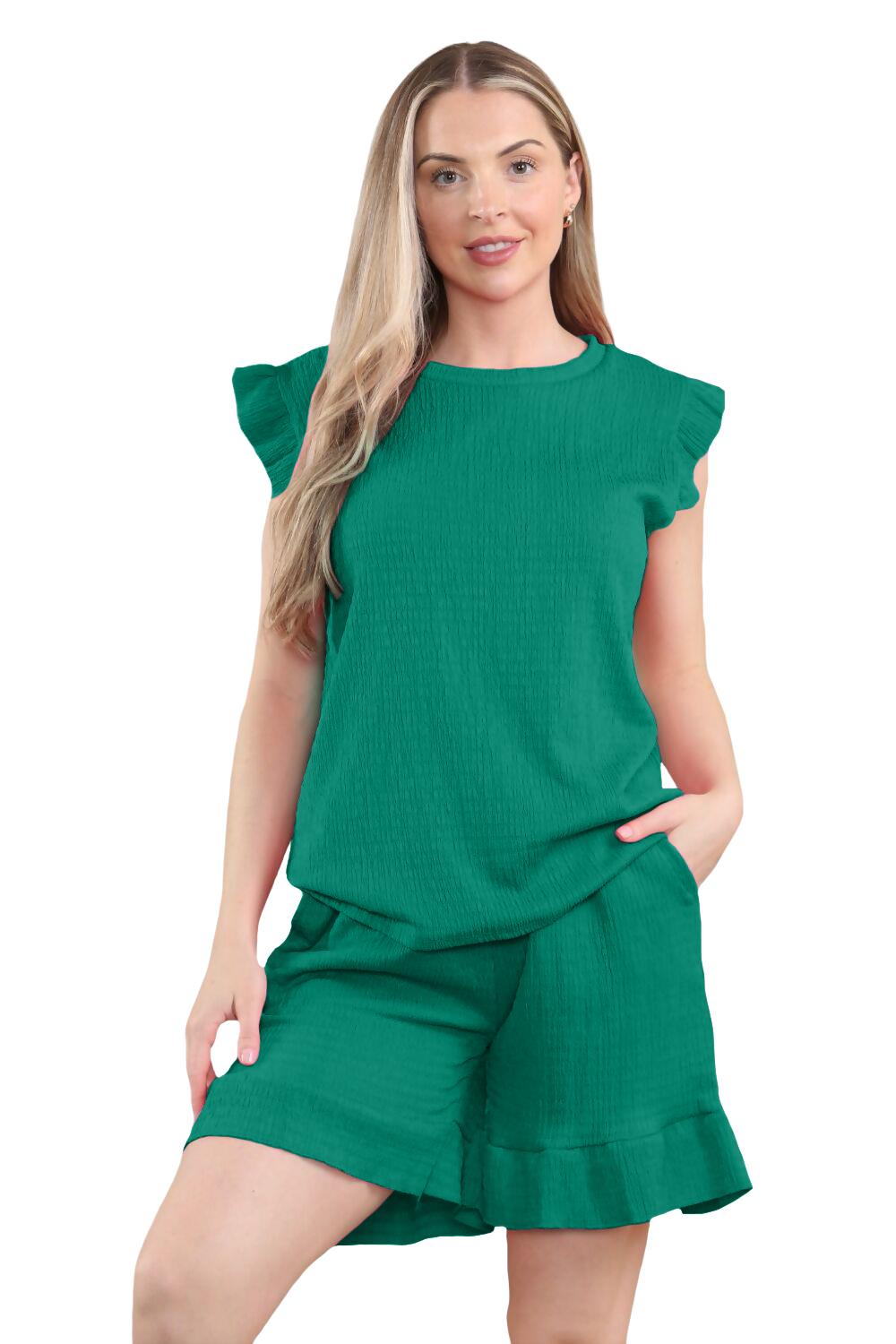 Conjunto corto de 2 piezas italiano para mujer conjunto de ropa de salón de verano con volantes sin mangas - Imagen 20 de 61