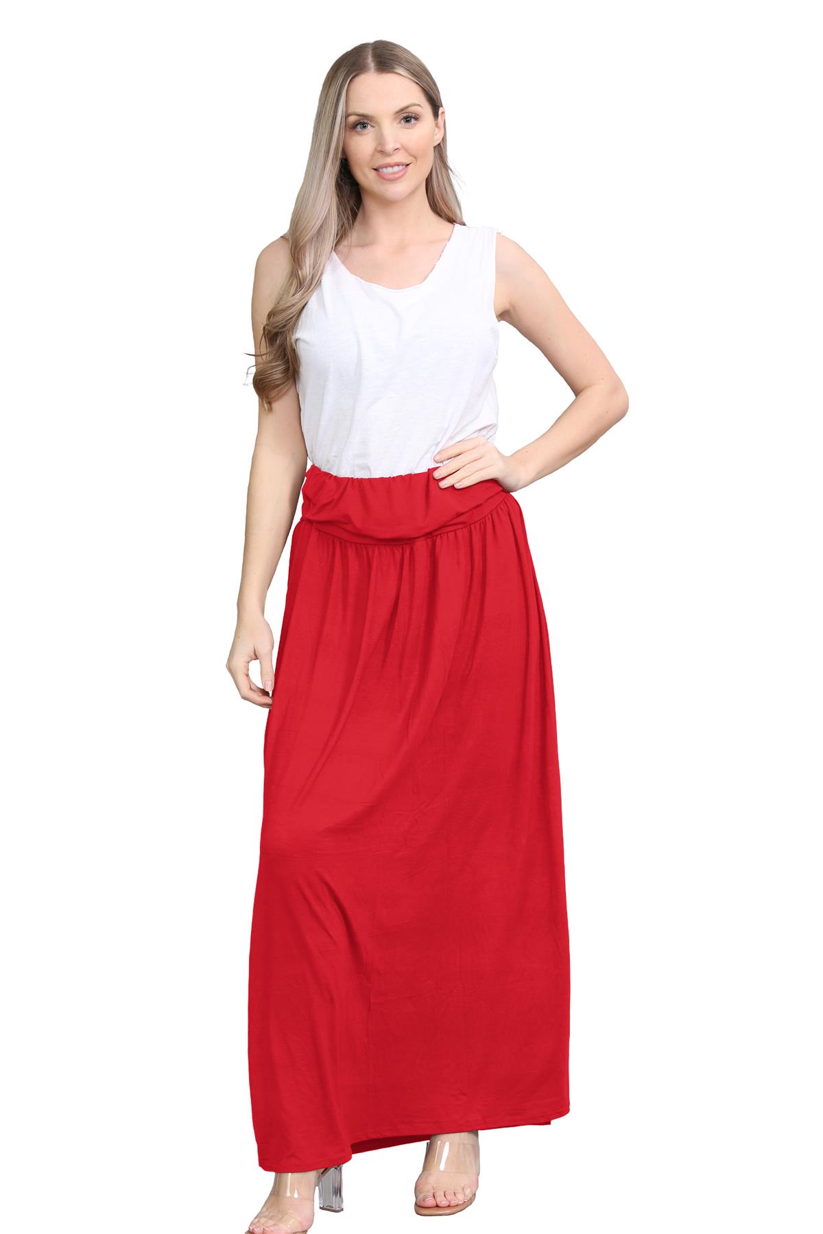 Womens Fold Over Maxi Skirt Plain Pleated Waist Jersey Summer Gypsy Long Skirt - Picture 43 of 68