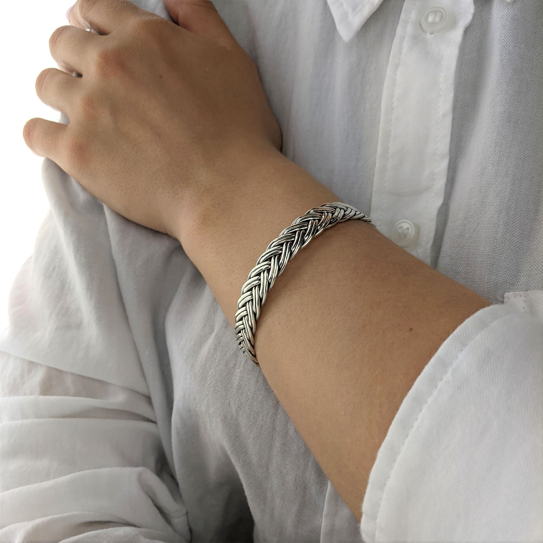 Bracelet En Argent Sterling 925 Tressé Ouvert - Silverly, NEUF Avec étiquettes