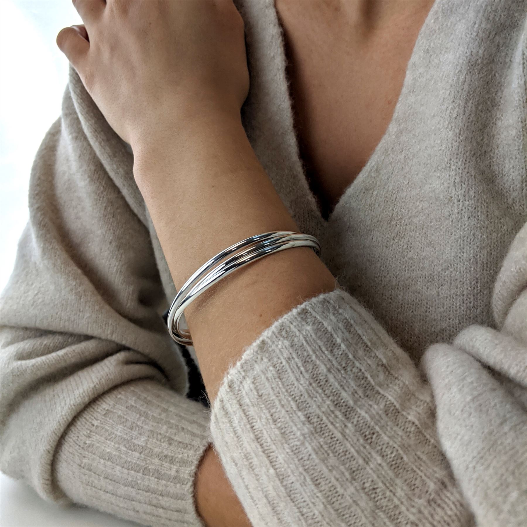 Silverly Bracciale Triplo Russo In Argento Sterling 925 - Tre Bracciali Intrecciati Rotondi, Multistrato, Per Donna, Con Panno Lucidante - 3
