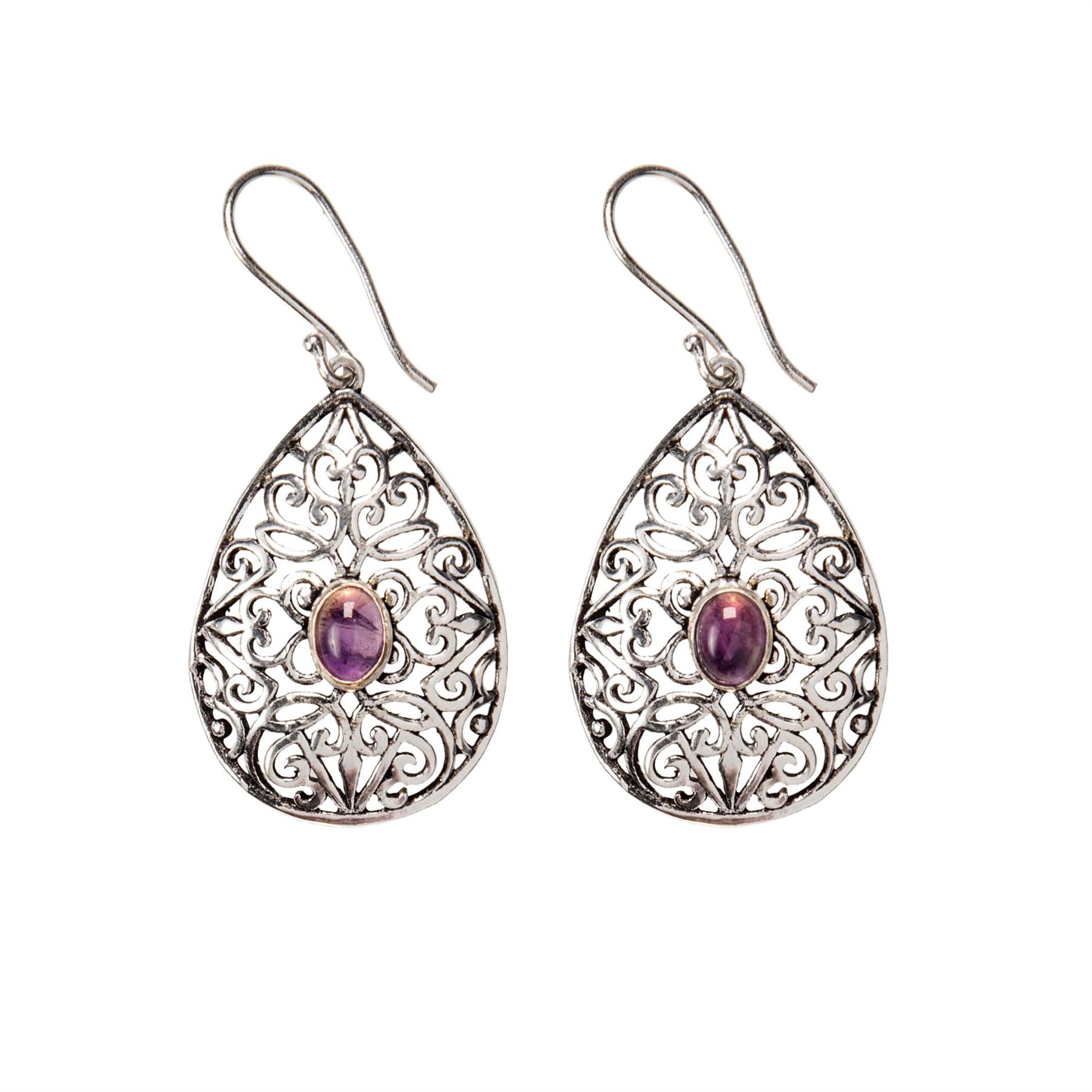 Dangle Earrings Silver Brass Amethyst Filigree Pear Teardrop - 81stgeneration - Picture 5 of 10
