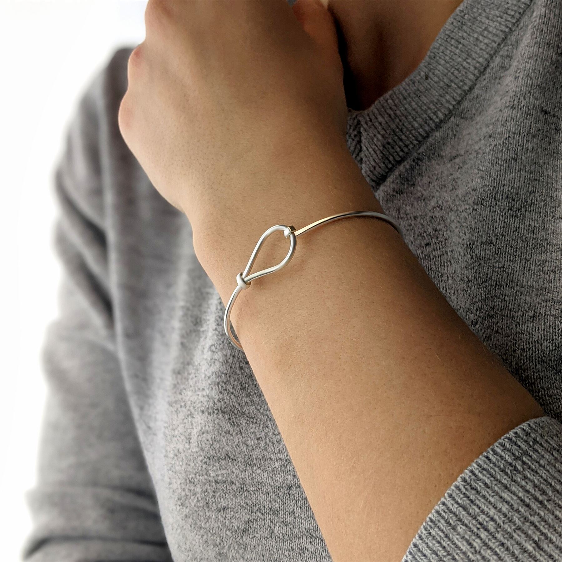 Sterling Silver Bangle With Hook Clasp 925 Simple Loop Knot