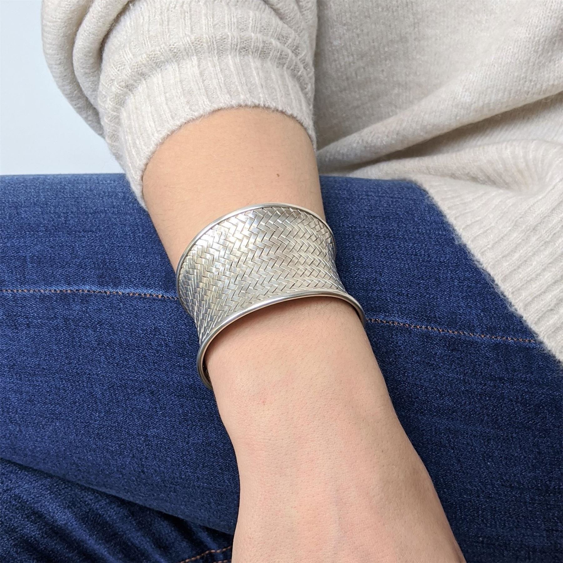 Silverly Karen Hill Tribe Basket Weave Extra Wide Cuff Bangle for Women - Textured Concave Design in Solid Silver 999 Pure - Adjustable Woven Warrior