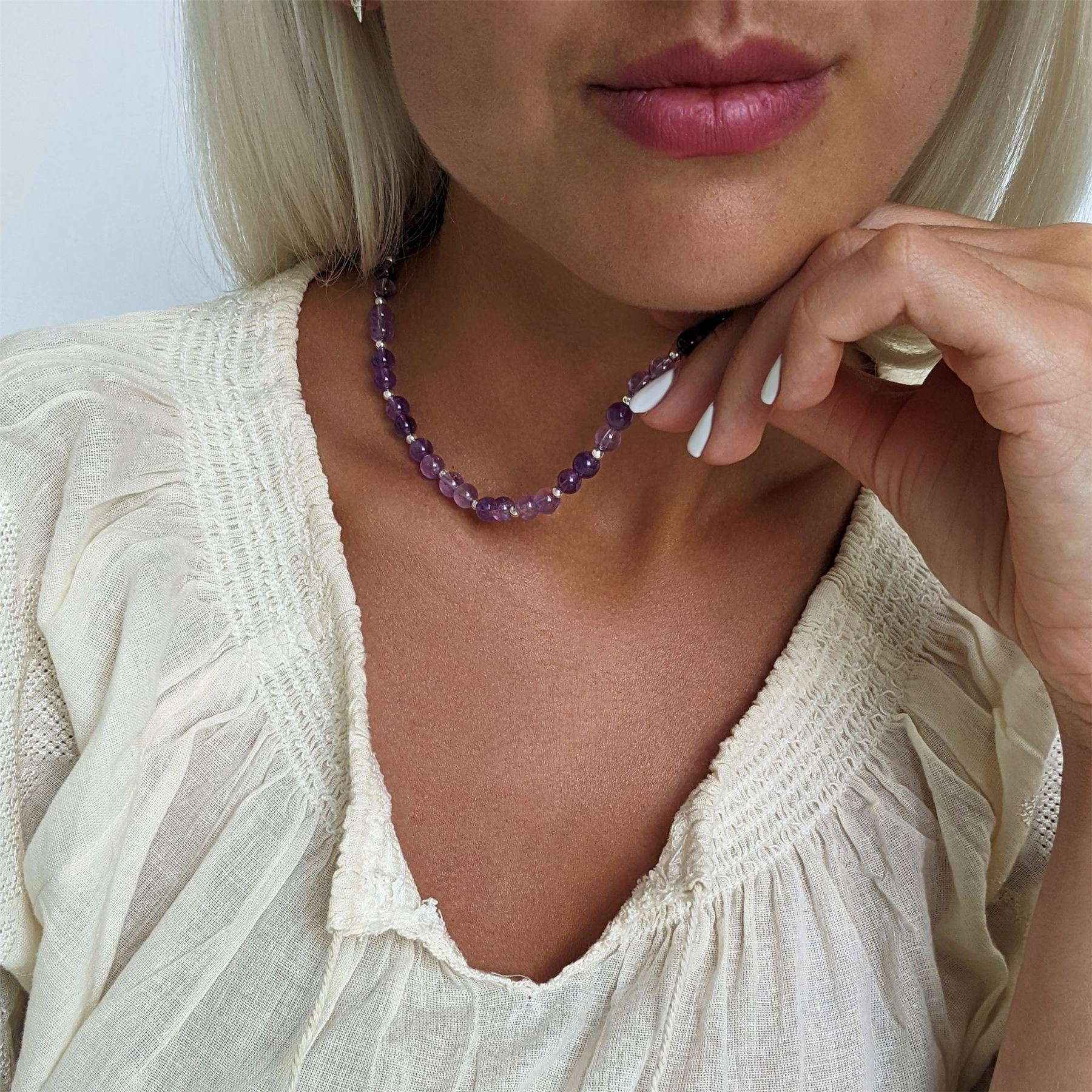 81stgeneration Collana in Argento Sterling 925 Perle di Ametista Rotonda Boho