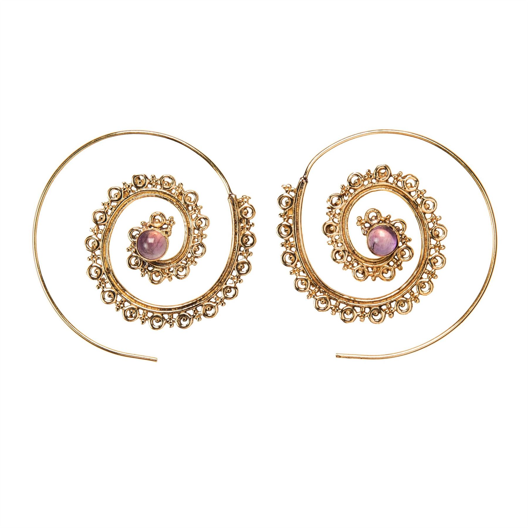 Threader Earrings Gold Brass Amethyst Filigree Mandala Spiral - 81stgeneration - Picture 8 of 10