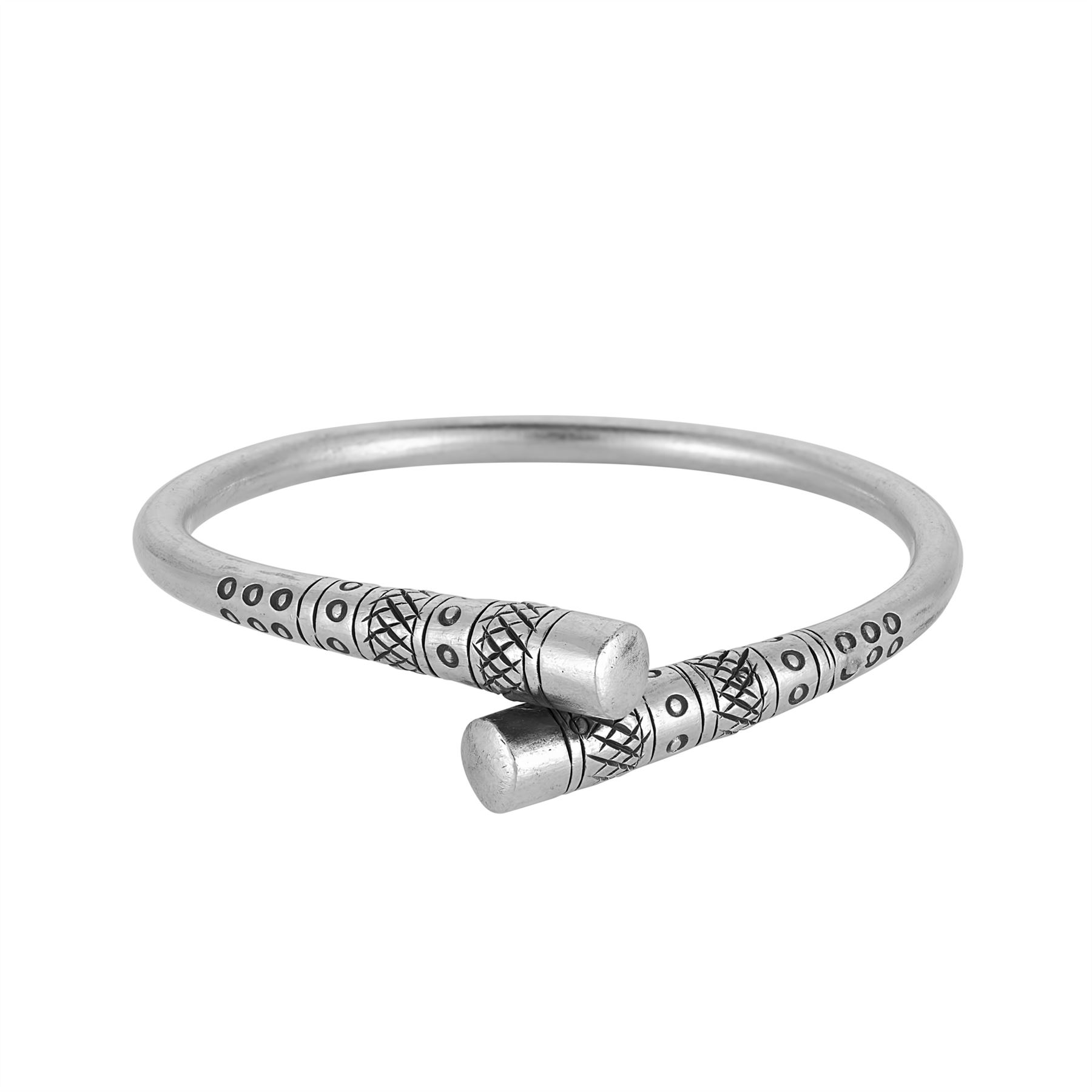 81stgeneration Hill Tribe Bracciale Rigido in Argento con Perline Rotanti e Incisione con Motivo Tribale | Bracciale Rigido Aperto in Argento 999 con Tubo Tondo Affusolato Pesante per Donna