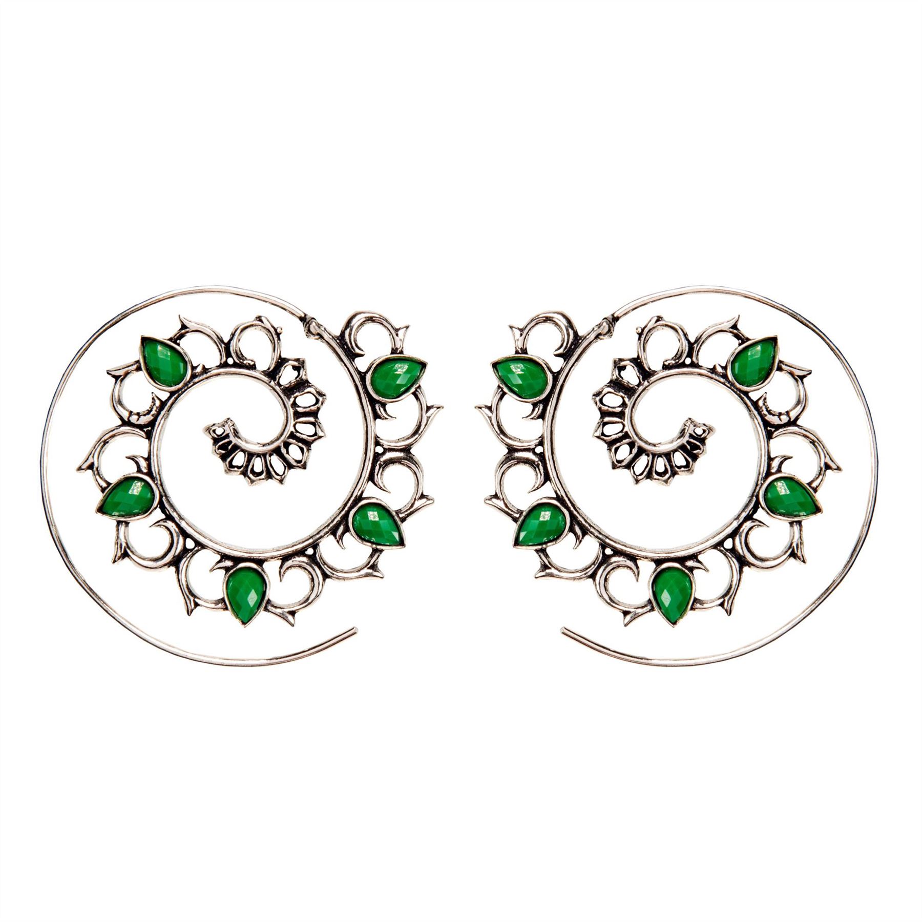 Threader Earrings Silver Brass Green Gemstone Flower Spiral - 81stgeneration - Picture 5 of 10
