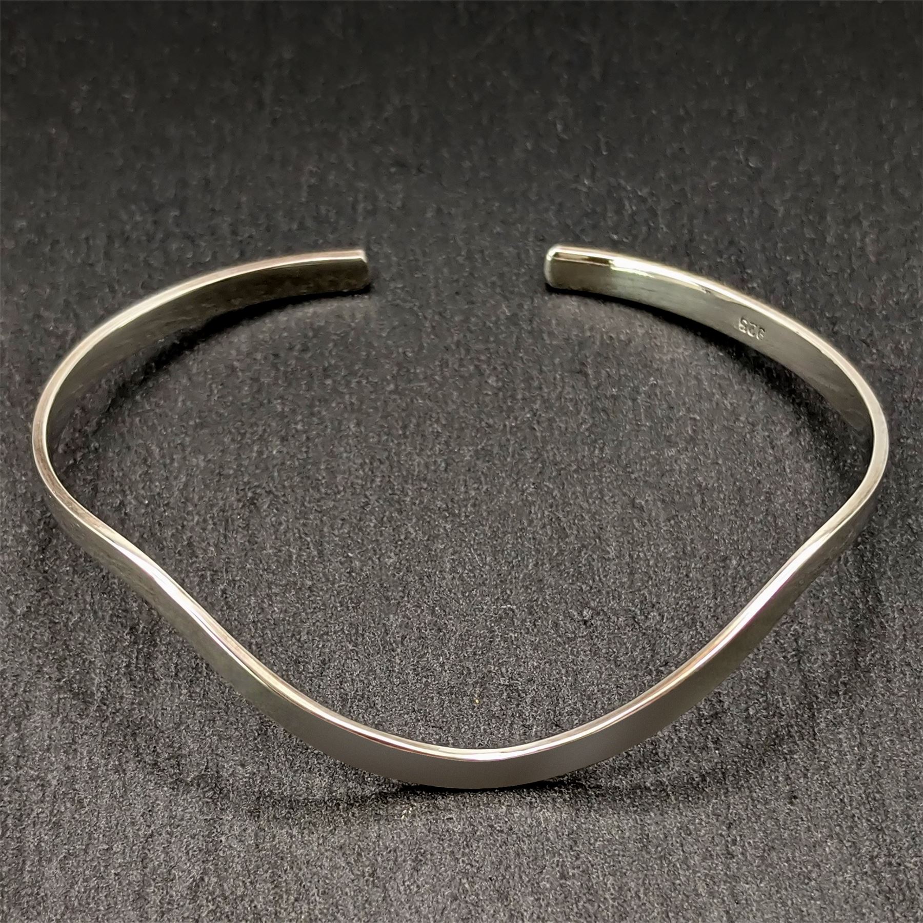 Silverly Sterling Silver Bangle 925 Flat Band Wavy Curved