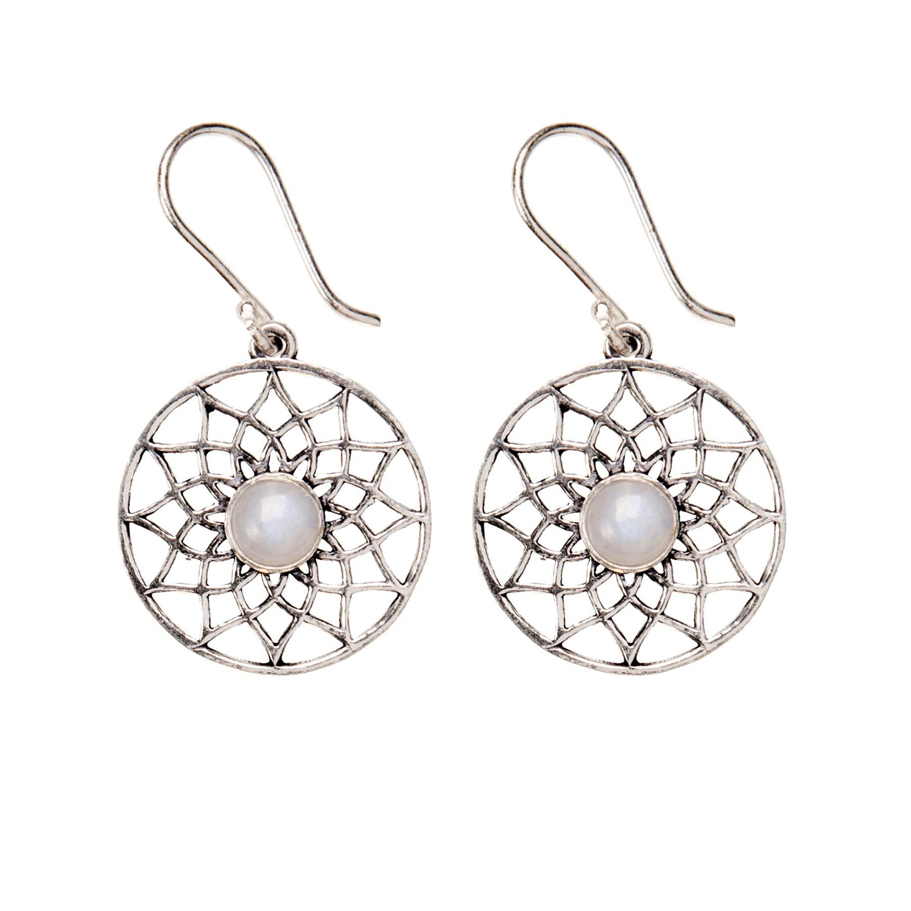 Dangle Earrings Silver Brass Moonstone Cut-Out Flower of Life - 81stgeneration - Picture 2 of 10