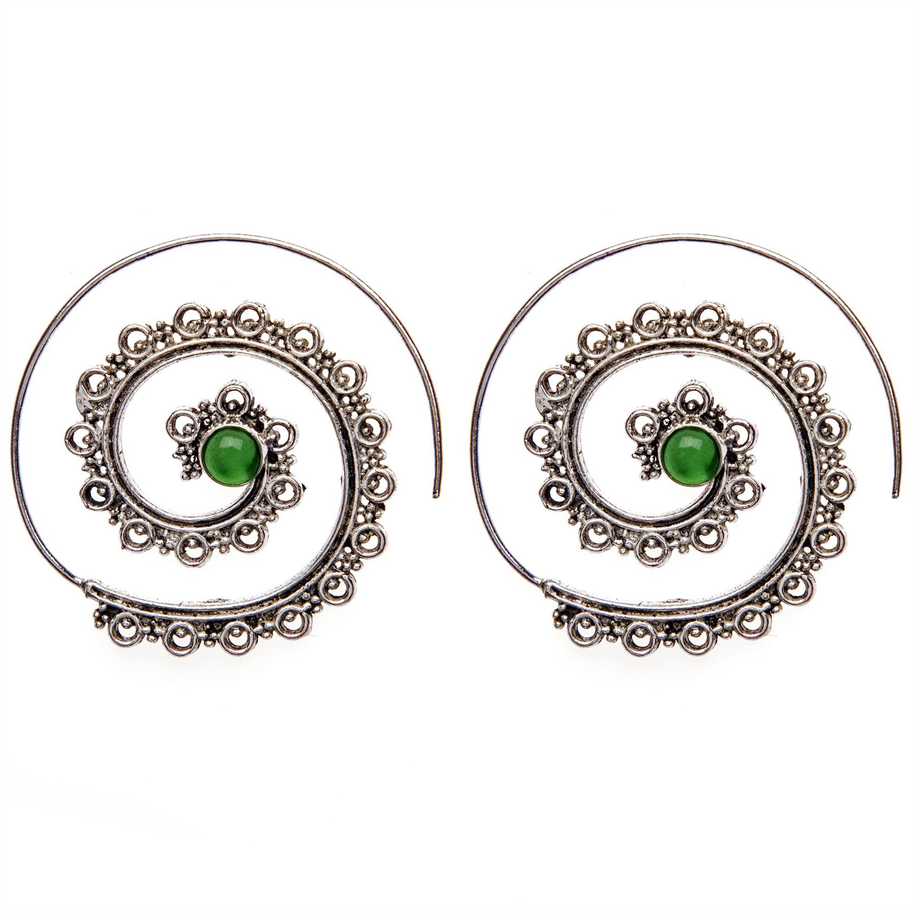Threader Earrings Silver Brass Green Gemstone Mandala Spiral - 81stgeneration - Picture 4 of 12