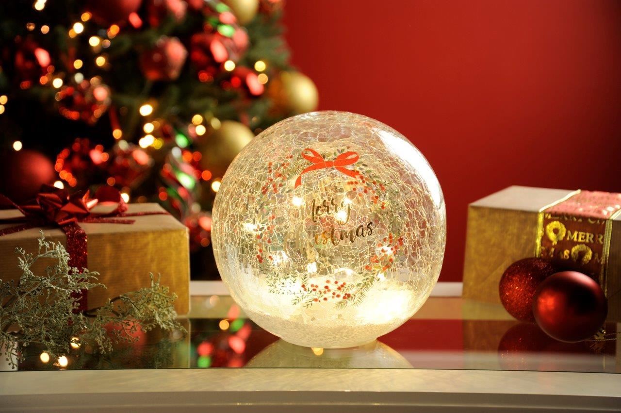 Christmas Globe With Bow Crackle Effect Ball Glass Battery Operated Festive - Picture 2 of 2