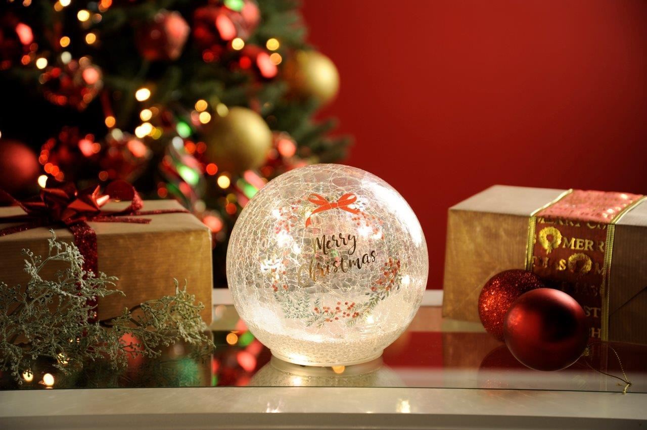 Christmas Globe With Bow Crackle Effect Ball Glass Battery Operated Festive - Picture 1 of 2