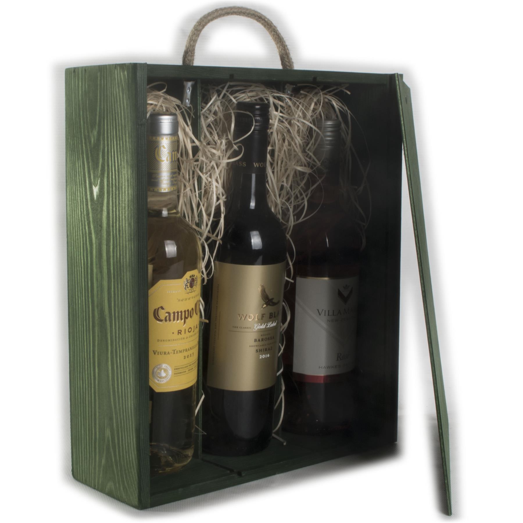 Wine Wooden Gift Box 2 Bottles Rope Handle 10 Colours Filling Incl.