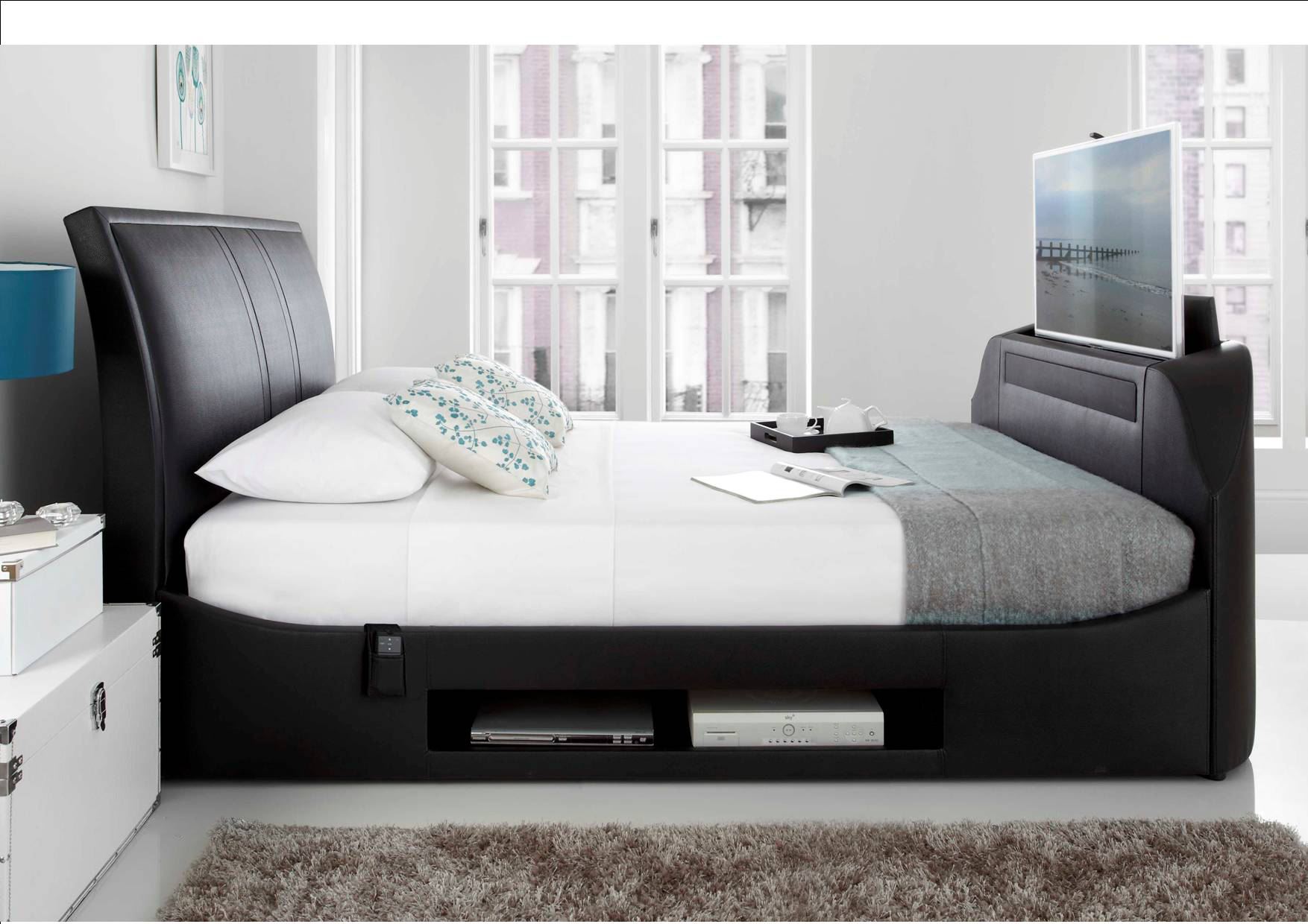 Happy Beds Maximus Black Leather TV Bed With Sound Bar Frame