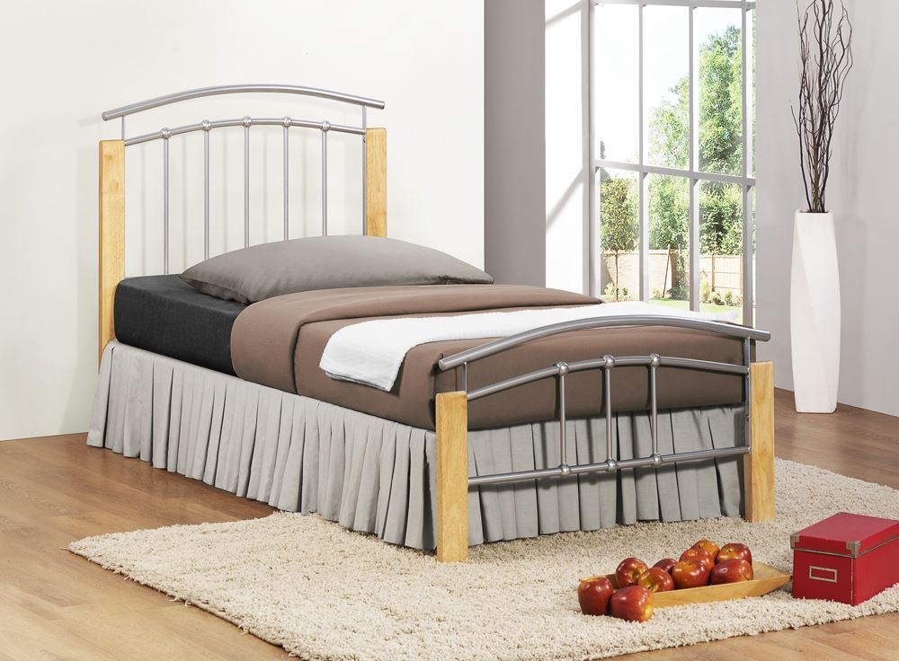 Happy Beds Tetras Metal Wood Classic Bed Frame Silver Beech Furniture