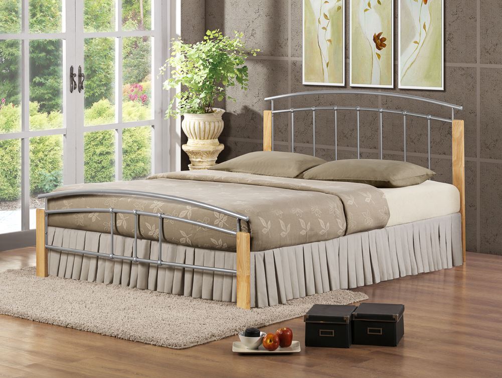Happy Beds Tetras Metal Wood Classic Bed Frame Silver Beech Furniture