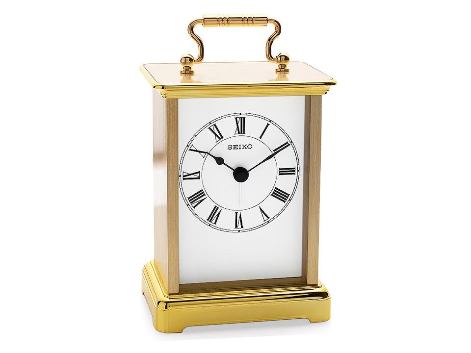 Seiko Gilt Carriage Clock Classic Metal Case Large Roman Numerals