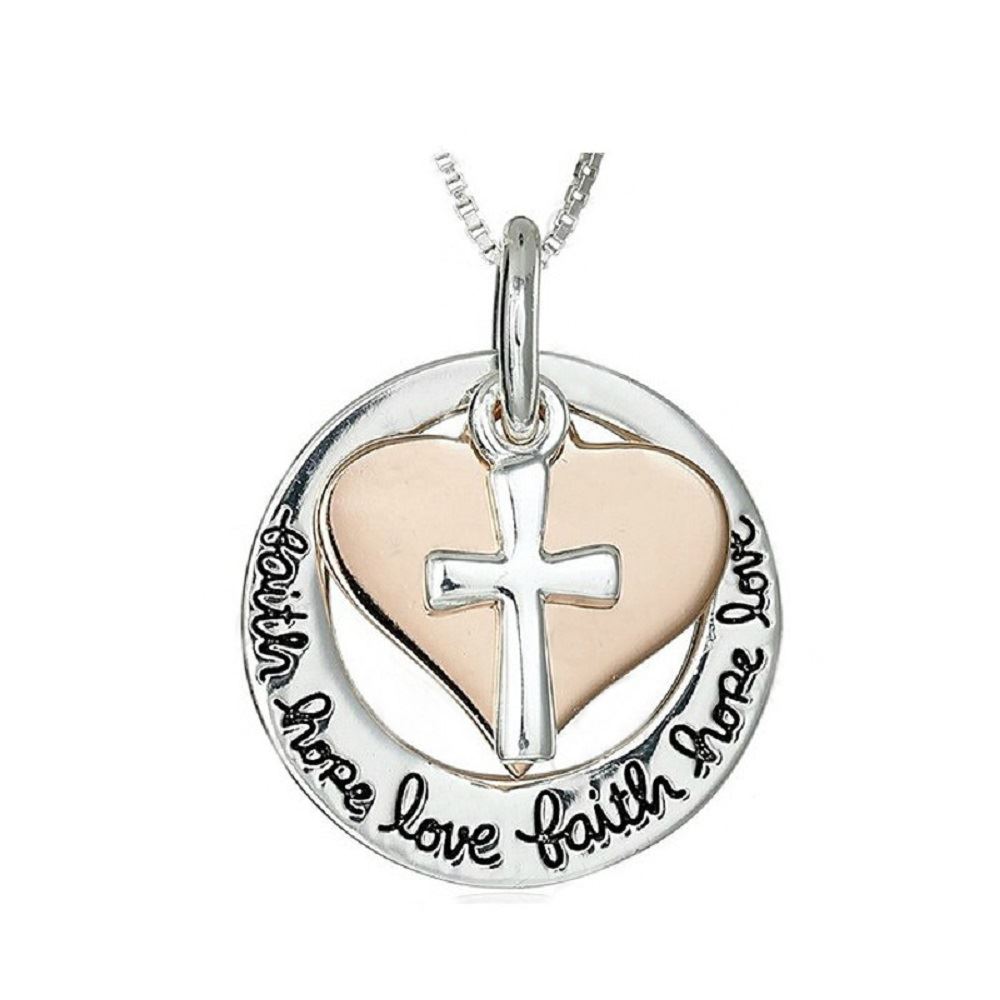 *UK* 925 Silver Plt 'Faith Hope Love' Engraved Necklace Gold Heart