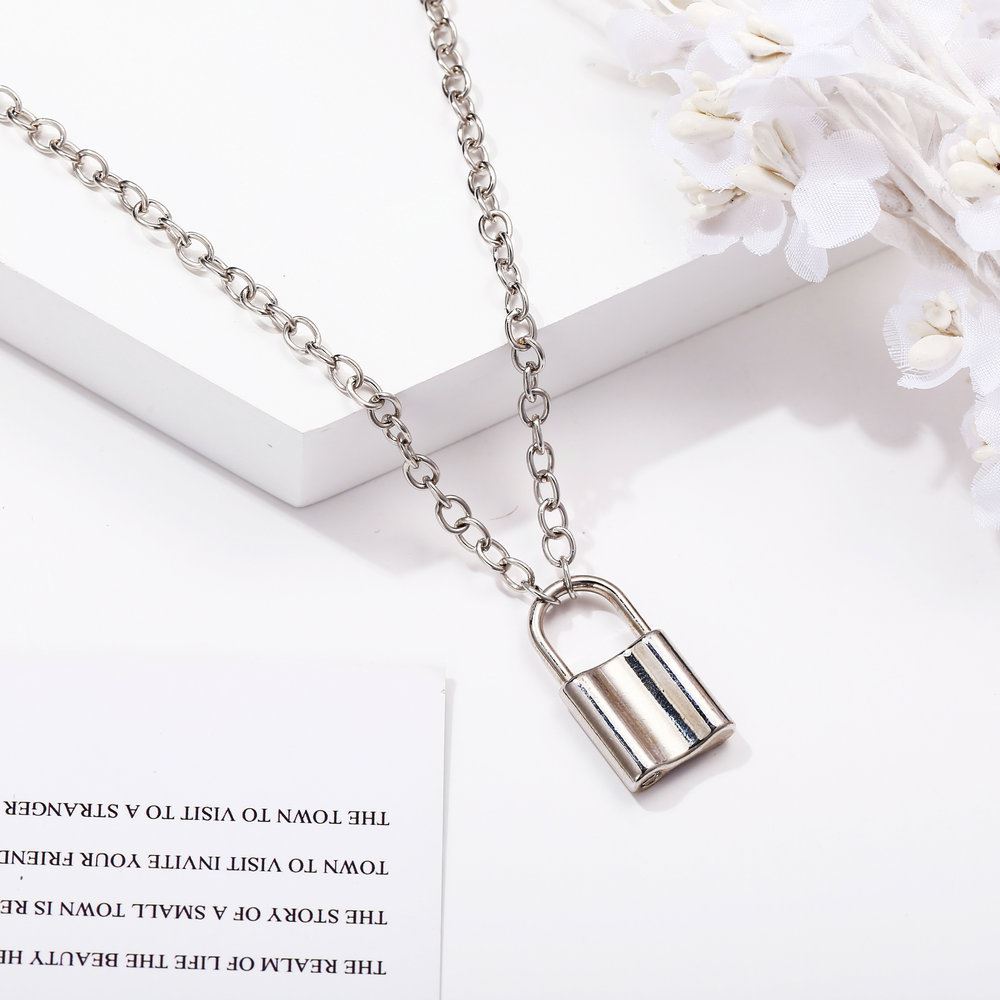 Chunky Layered Lock Padlock Key Double Chain Necklace Collar Unisex A