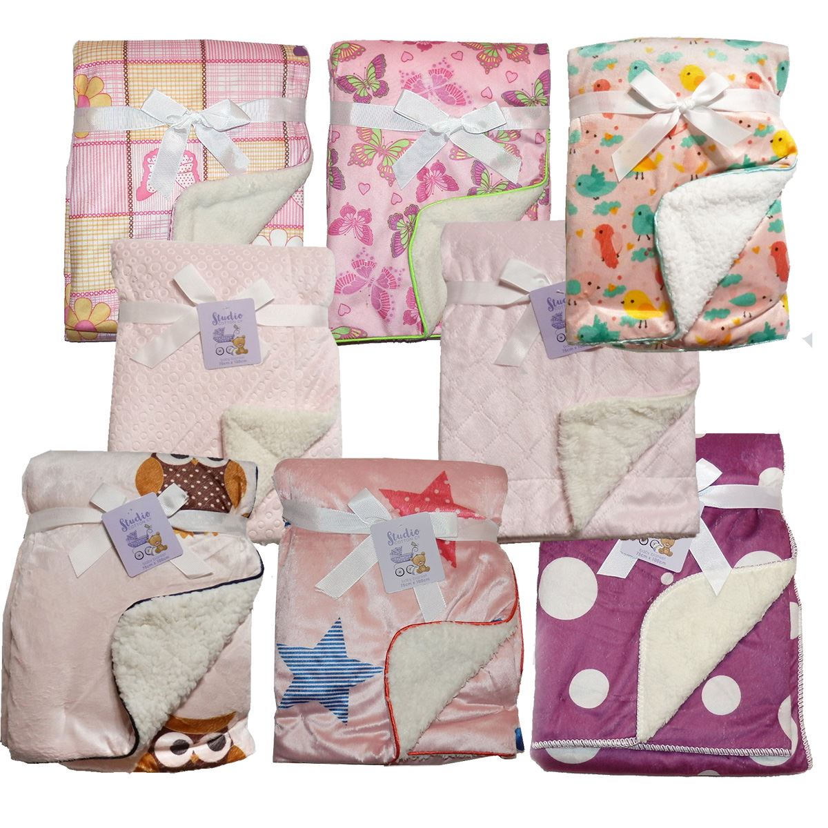 Diamond Embroidered Mink Sherpa Fleece Baby Blanket 100 x 75 pram crib moses